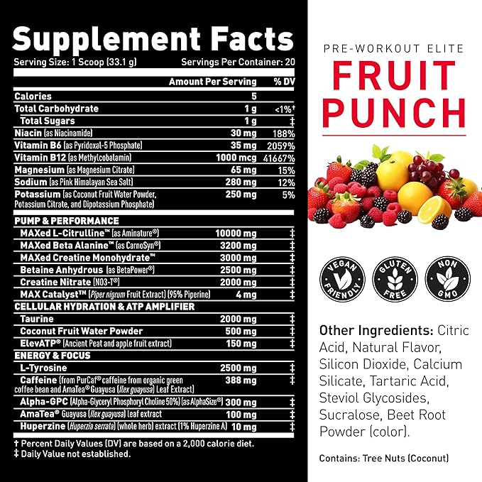 Kaged Pre Workout Elite Powder | Fruit Punch | Pre-Workout with Creatine, Beta Alanine, L-Citrulline, BCAAs | 388 mg Organic Caffeine | Pre Supplements for Men & Women | 20 Servings