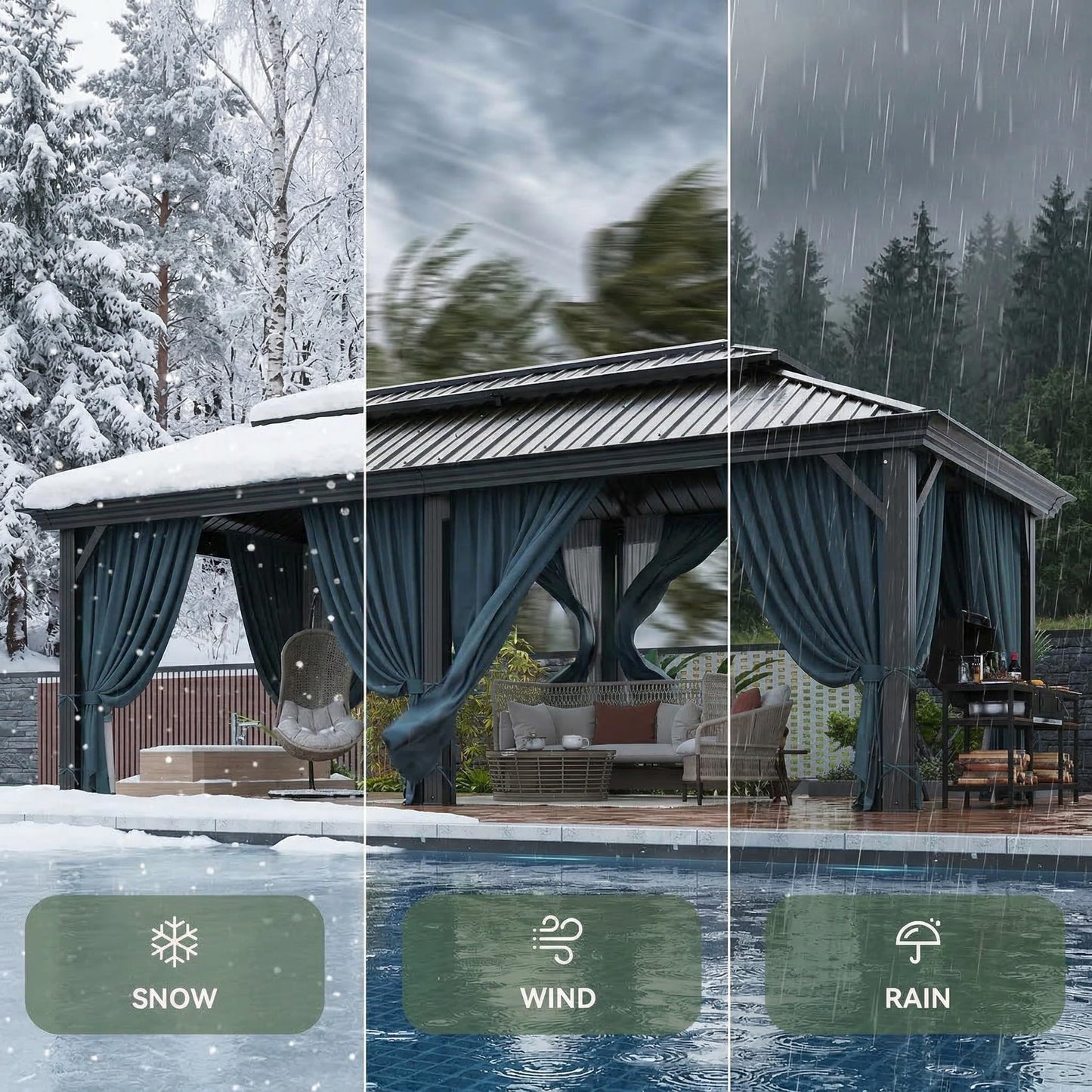 HOTEEL Gazebo 12x20 on Clearance with Metal Roof, Heavy Duty Hardtop Gazebo with Flame-Retardant Curtain & Netting, Outdoor Gazebos with Galvanized Steel Double Roof for Party,Patio Black