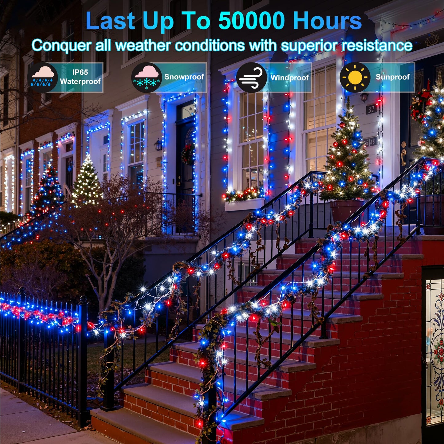 XIKENGSHQ 240FT 750LED Christmas String Lights, Waterproof, 12 Modes, Red Blue White, Green Wire, for Indoor/Outdoor Decor
