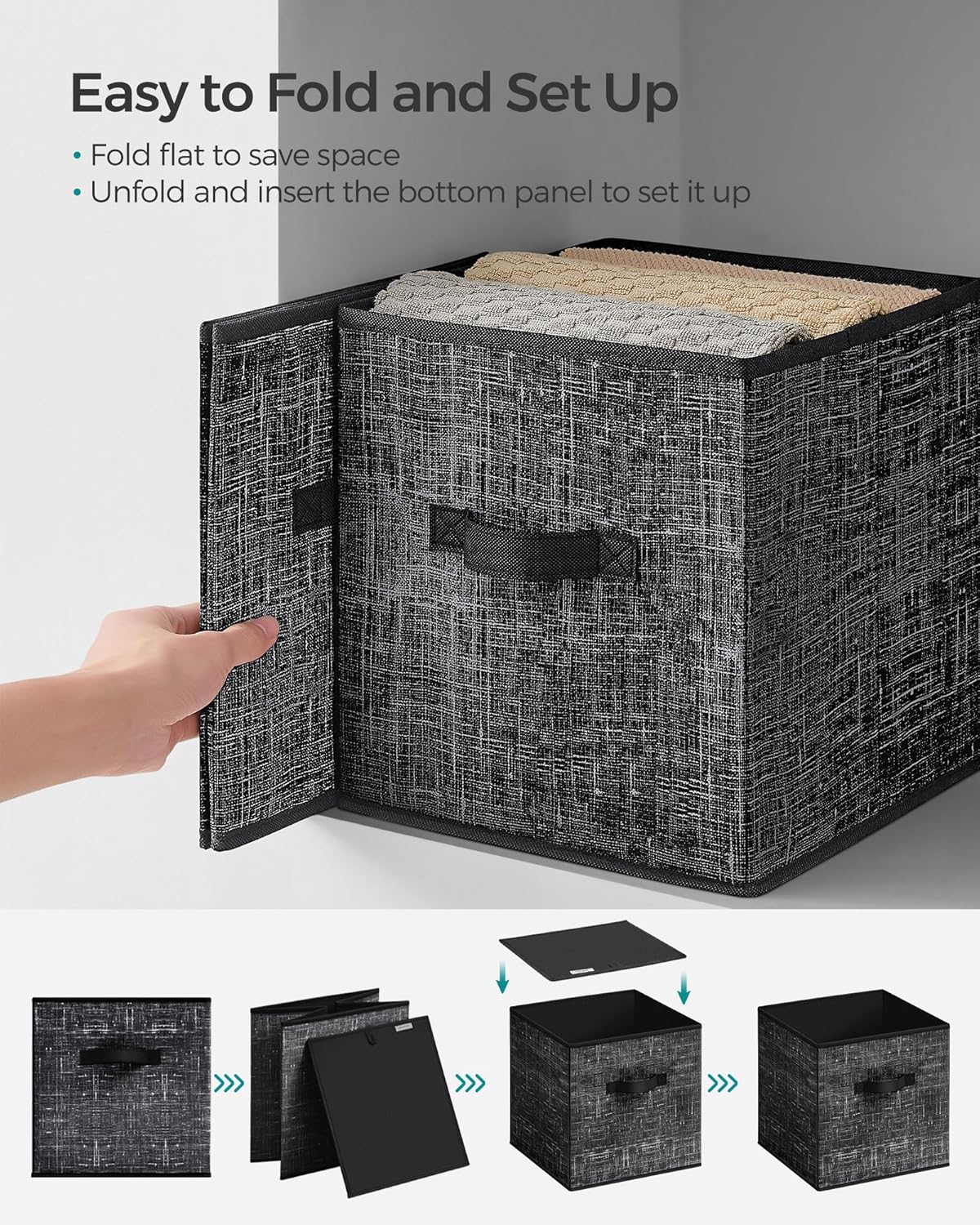 SONGMICS Storage Cubes - Set of 8 Non-Woven Fabric Bins with Double Handles | Foldable Closet Organizers, Ink Black, 10.2 x 10.2 x 11 Inches