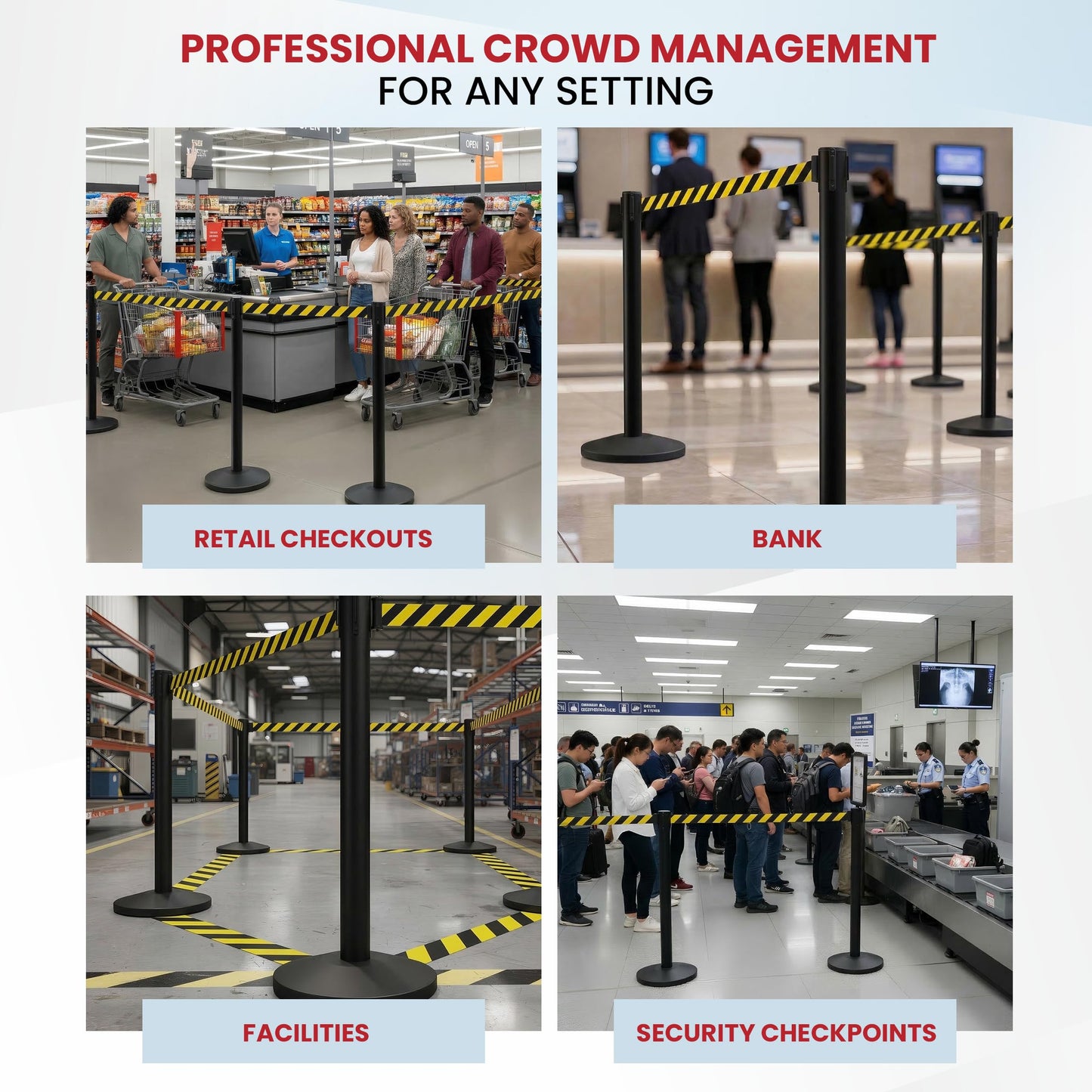 Crowd Control Warehouse Set of 2 Stanchion Retractable Belt Barriers, 11 Foot Black & Yellow Belt Barrier with 40” Black Posts, Premium Barriers with Heavy Duty Concrete Base, CCW Series RBB-100