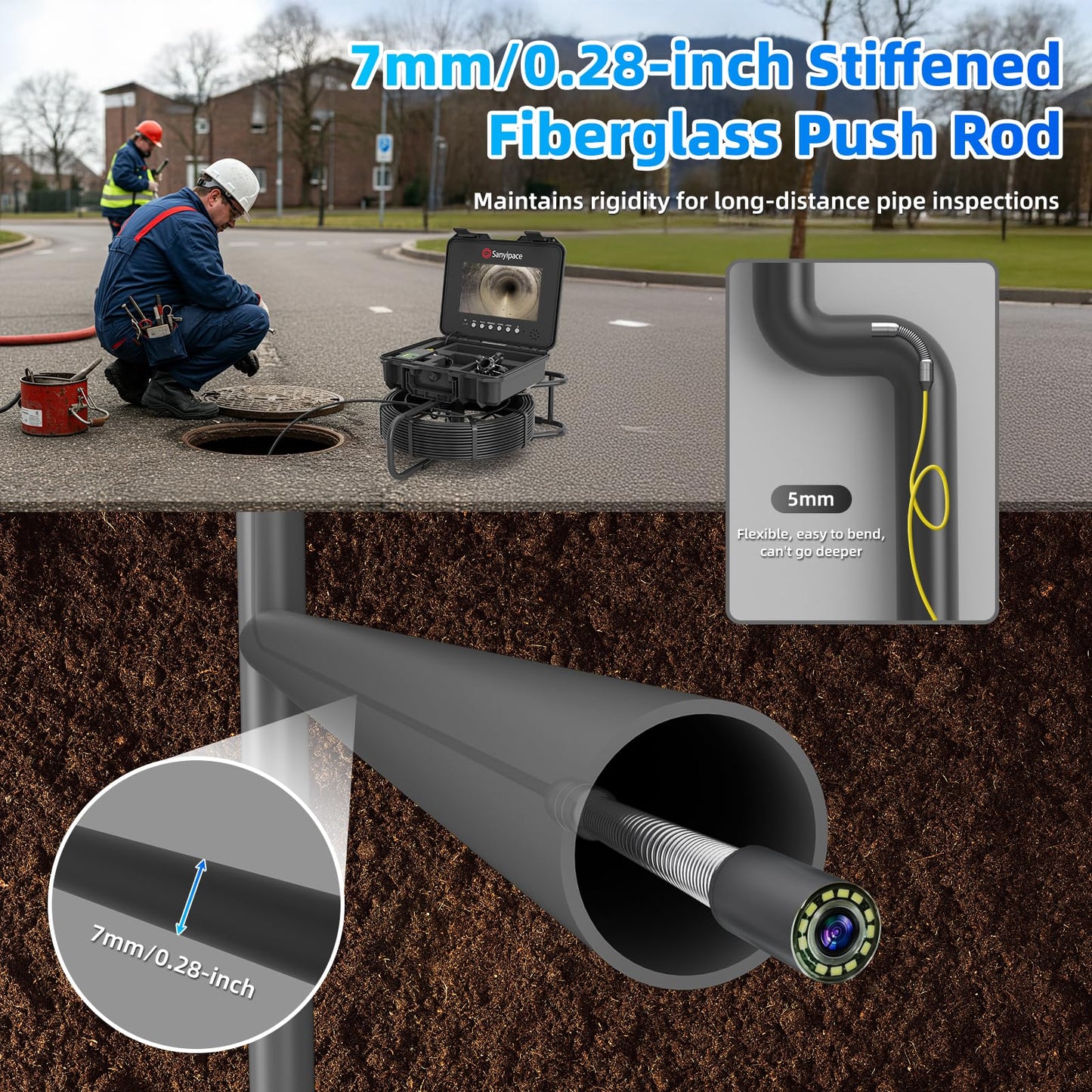 Sanyipace Sewer Inspection Camera, 328FT/100M Drain Camera with Locator, 7MM Stiffer Cable, Self-Leveling, 512Hz Transmitter, 10.1" Screen Pipe Camera, 32GB Card, Distance Counter