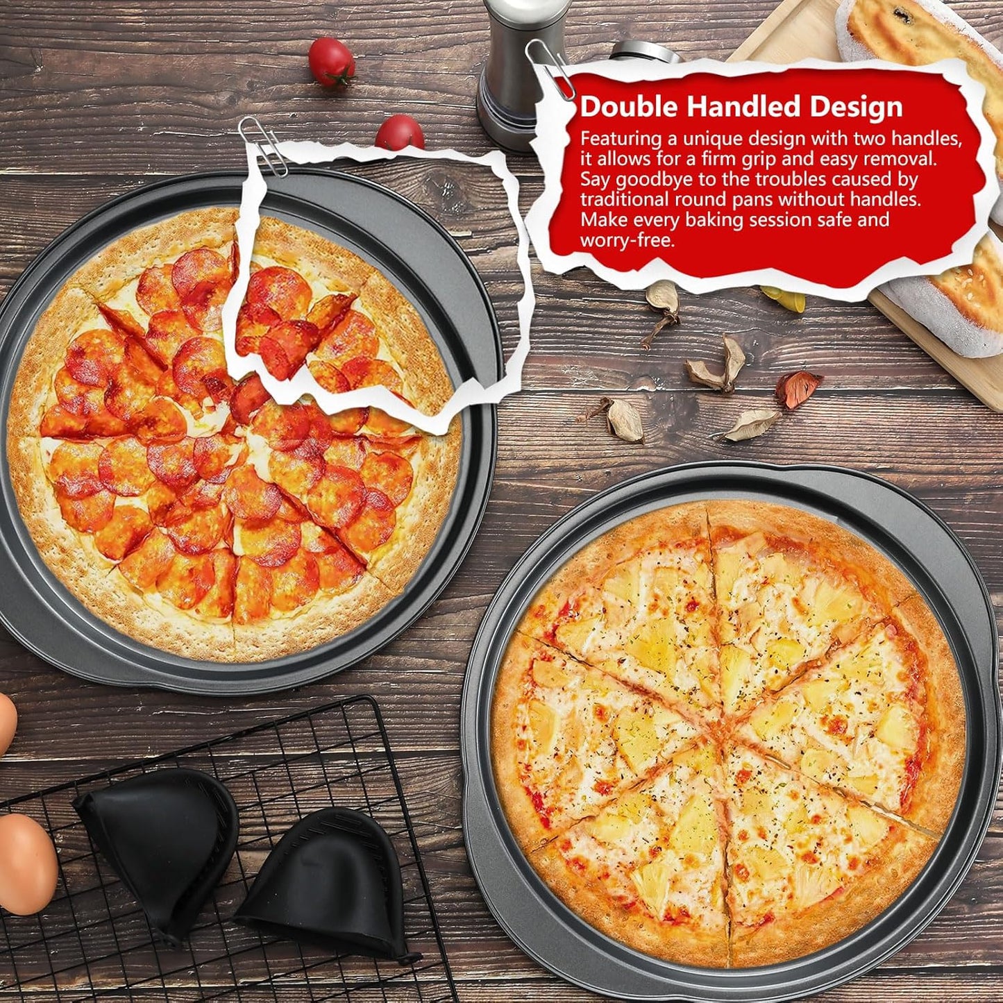 Skiennix Pizza Pan - 13" Round Non-Stick Carbon Steel Trays with Handle | Easy to Clean & Oven Safe (2 Pack)