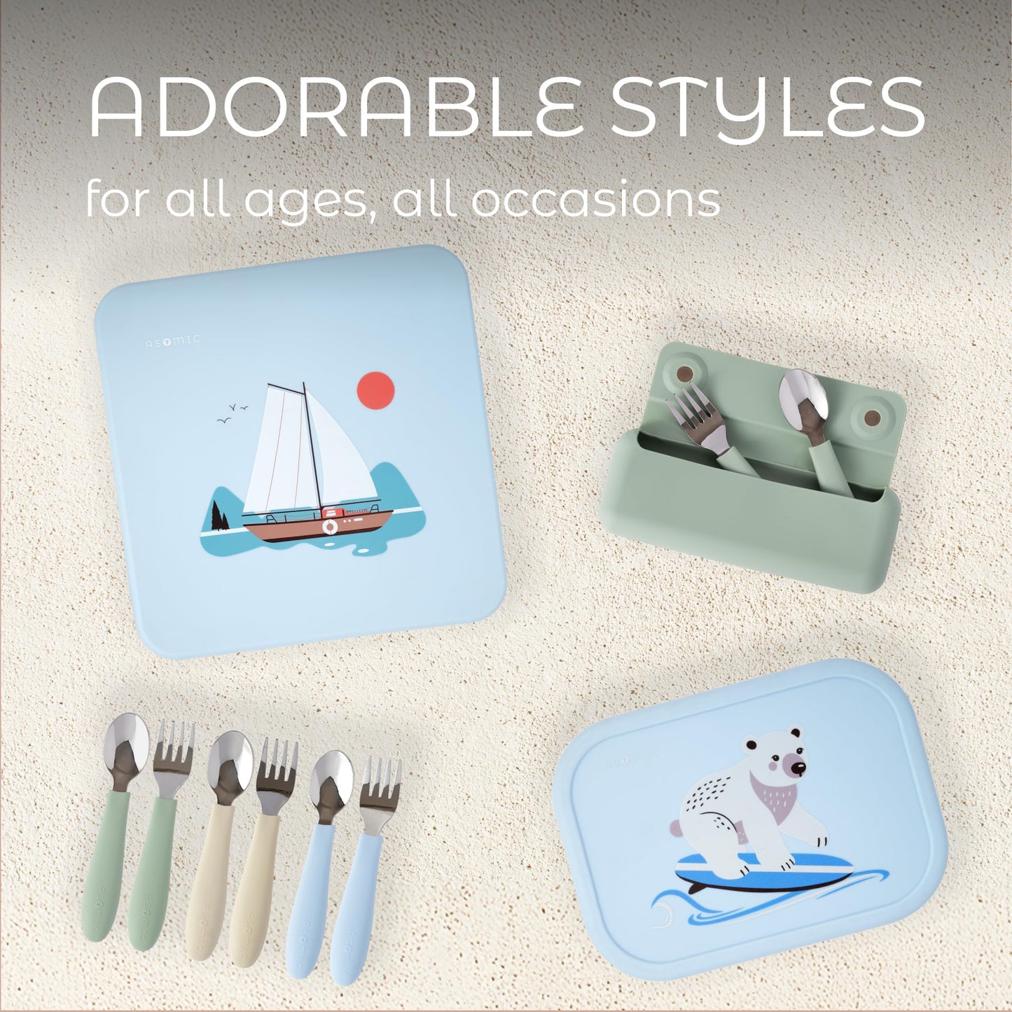 ASOMIC Toddler Utensils, 6-Piece Kids Silverware Set with Silicone Handles, 3 Forks & 3 Spoons, Premium 316 Stainless Steel, Dishwasher Safe (Sage/Sky Blue/Ivory)