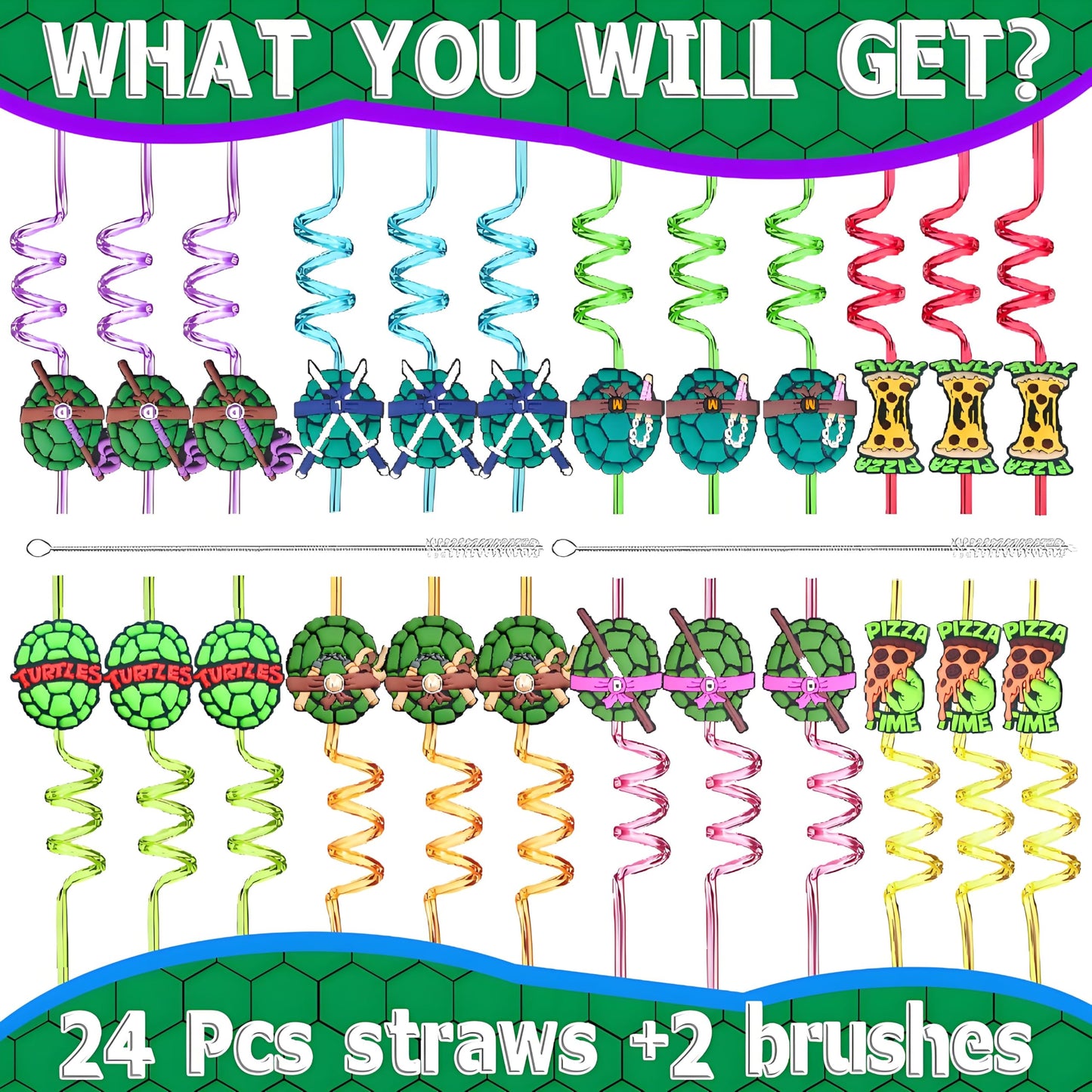 Reusable Ninja Green Turtles Themed Party Straws - 24 PCS Plastic Turtles Drinking Straws for Kids Birthday Party Decorations - Party Favors- Party Supplies with 2 Clean Brushes LEDUO