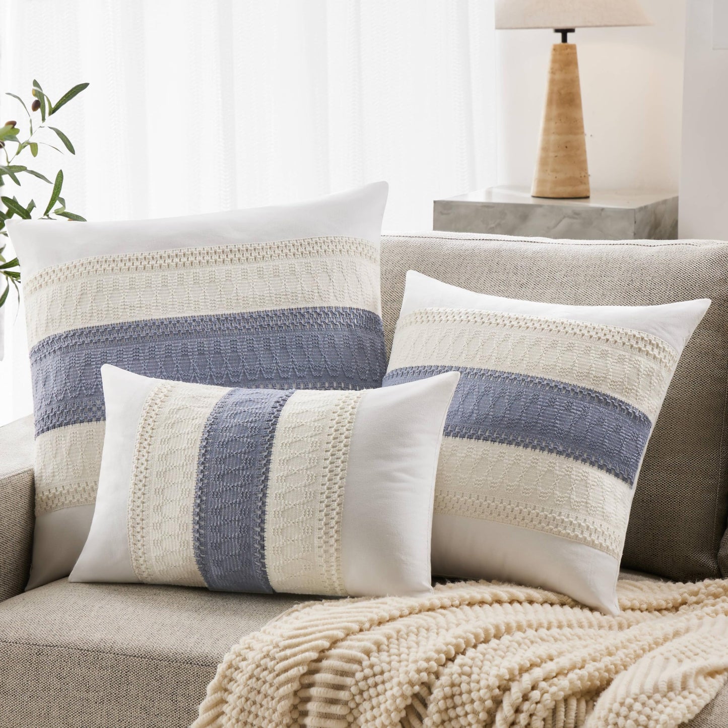 YZJZEDS Soft Cotton Boho Throw Pillow Covers Set of 2, Natural White/Contrast Blue 18x18 Inch, Blue Farmhouse Decorative Cushion Covers for Sofa Bed Living Room Home Decor