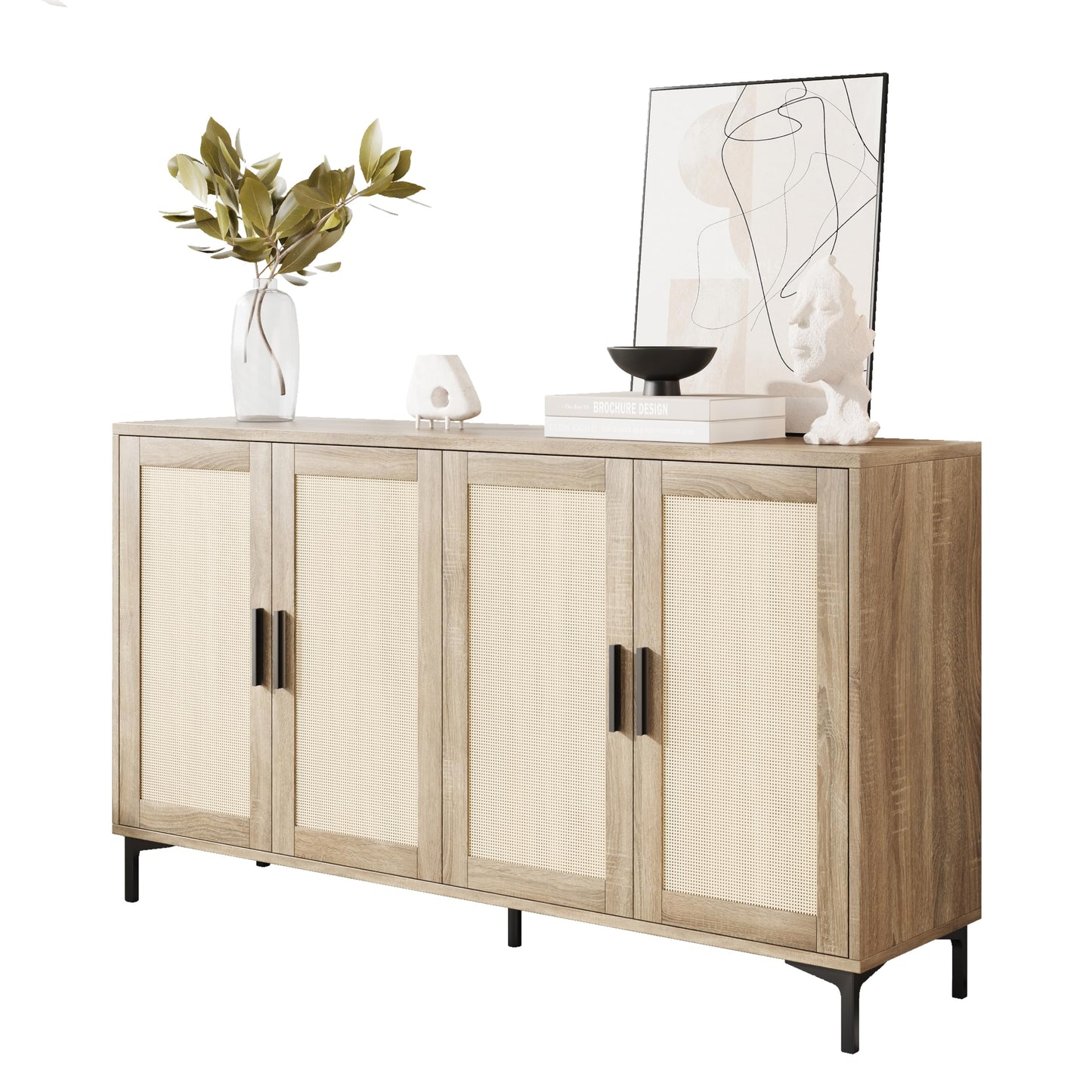 JASIWAY Buffet Cabinet with Storage, 48" Rattan Sideboard with Adjustable Shelves, Modern Coffee Bar Cabinet Console Table with Doors, Credenza for Kitchen, Living Room, Entryway, Dining Room, Wood