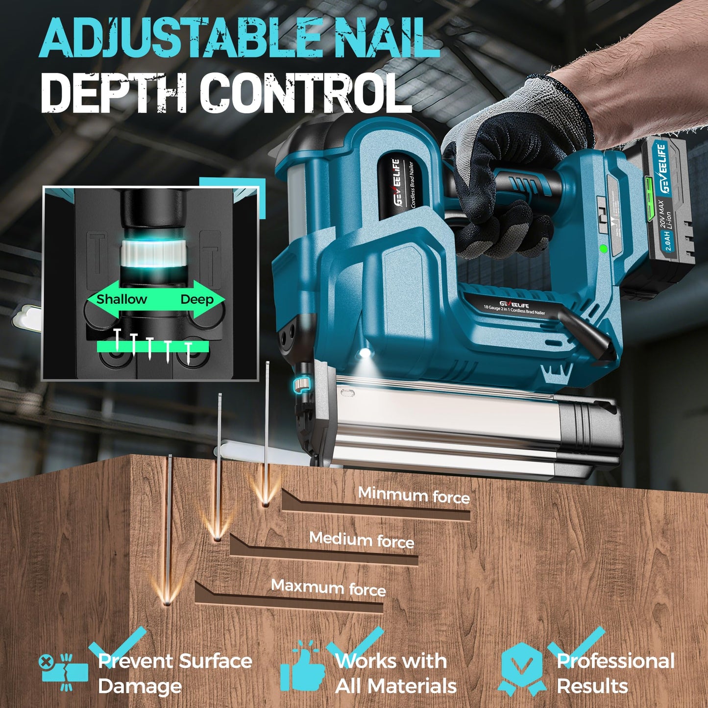 GEVEELIFE Cordless 2" Brad Nailer, 2-in-1 20V Nail Gun Cordless with 2×2.0Ah Batteries, 18GA Nail Gun & Staple Gun,1000pcs Nails, Adjustable Depth, 2 Modes for Wood Carpentry