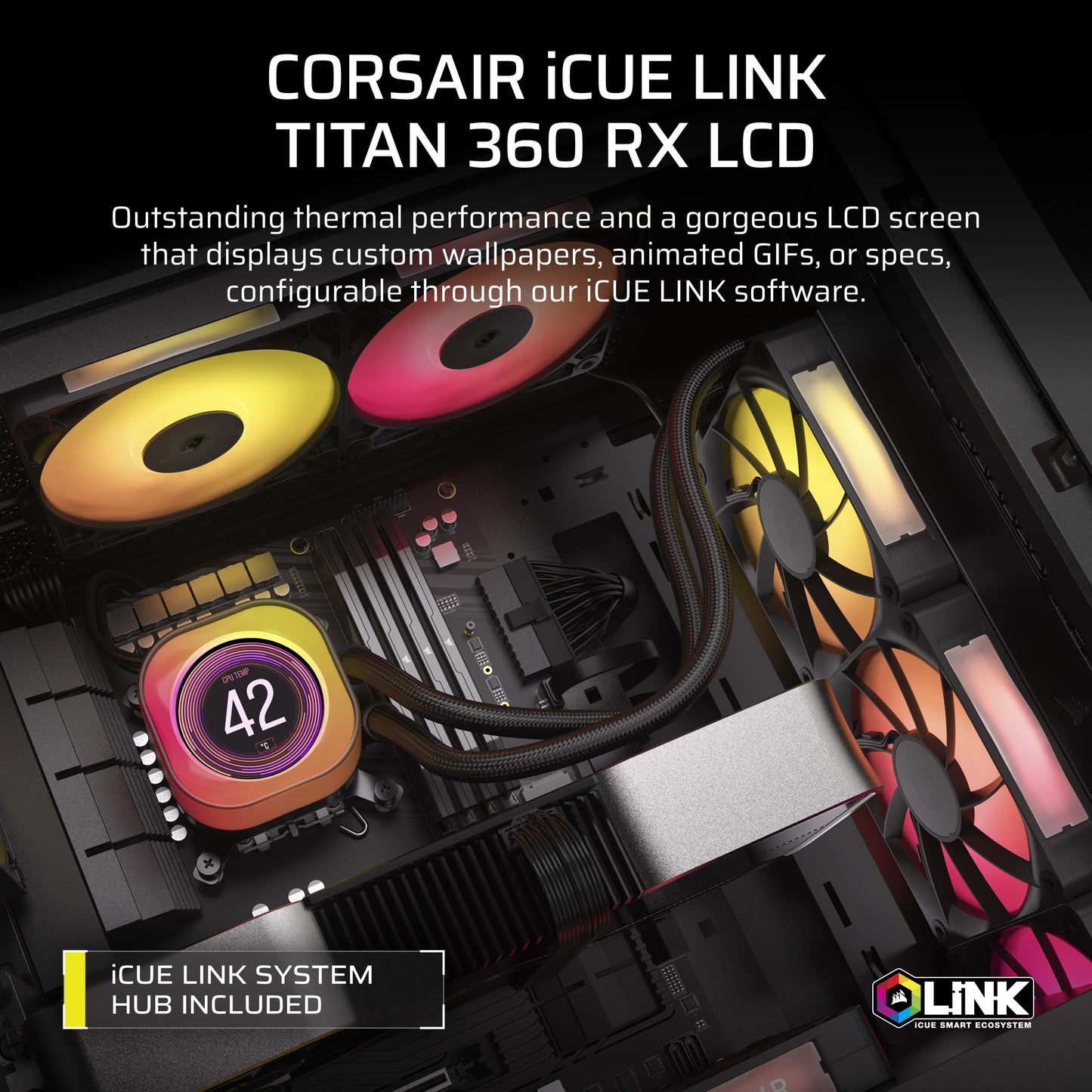CORSAIR Titan 360 RX LCD Liquid CPU Cooler, 360mm AIO, Low-Noise FlowDrive Cooling Engine, Intel LGA 1851/1700 & AMD AM5/AM4, 3X RX120 RGB Fans, System Hub Included, Black