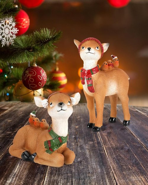 iStatue Reindeer Christmas Decoration - 5.5'' Resin Buck and Doe Set | Indoor Holiday Home Decor