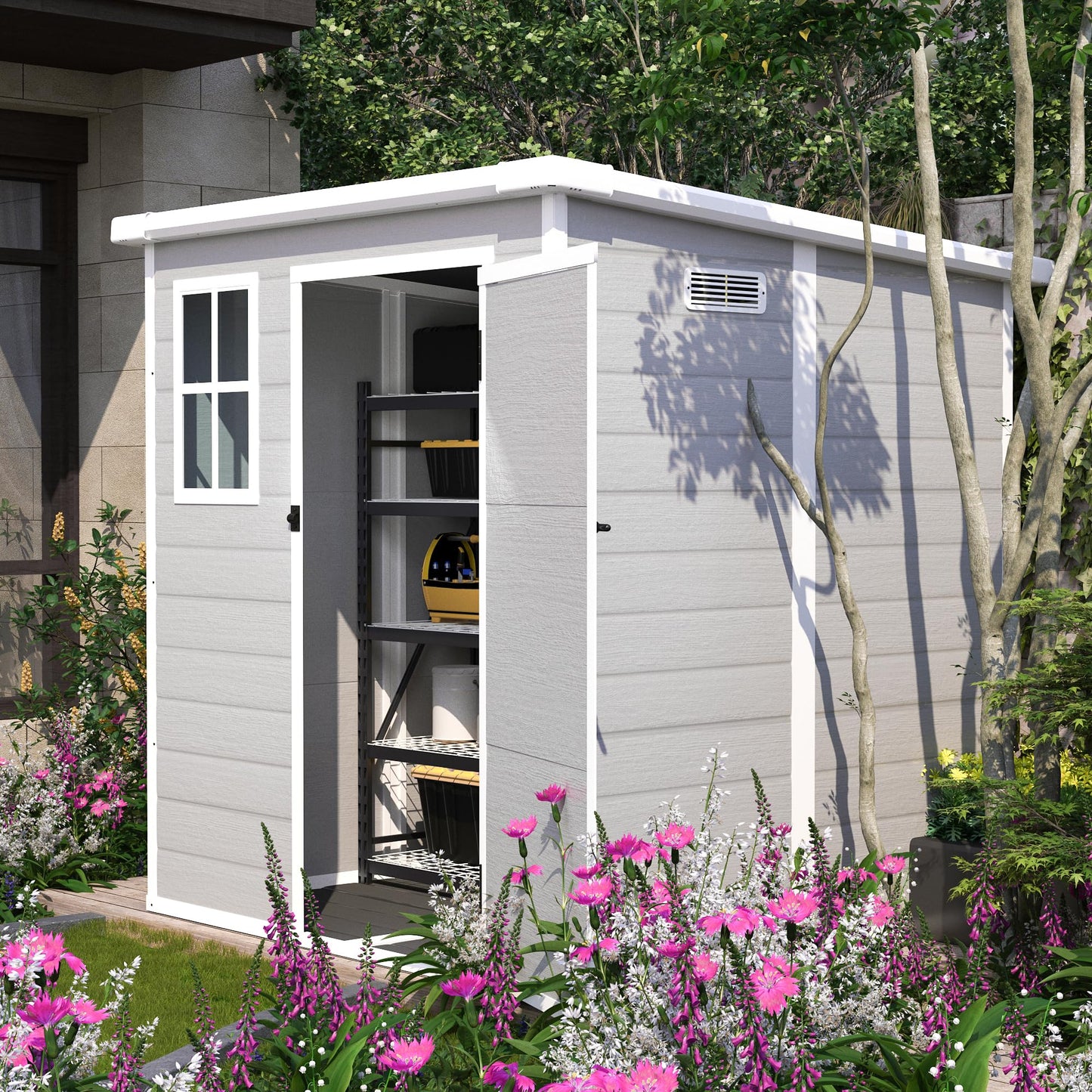 Praxatek 6x6 FT Outdoor Storage Shed, Waterproof Resin with Floor, Window, Lockable Door and Vents, Light Gray