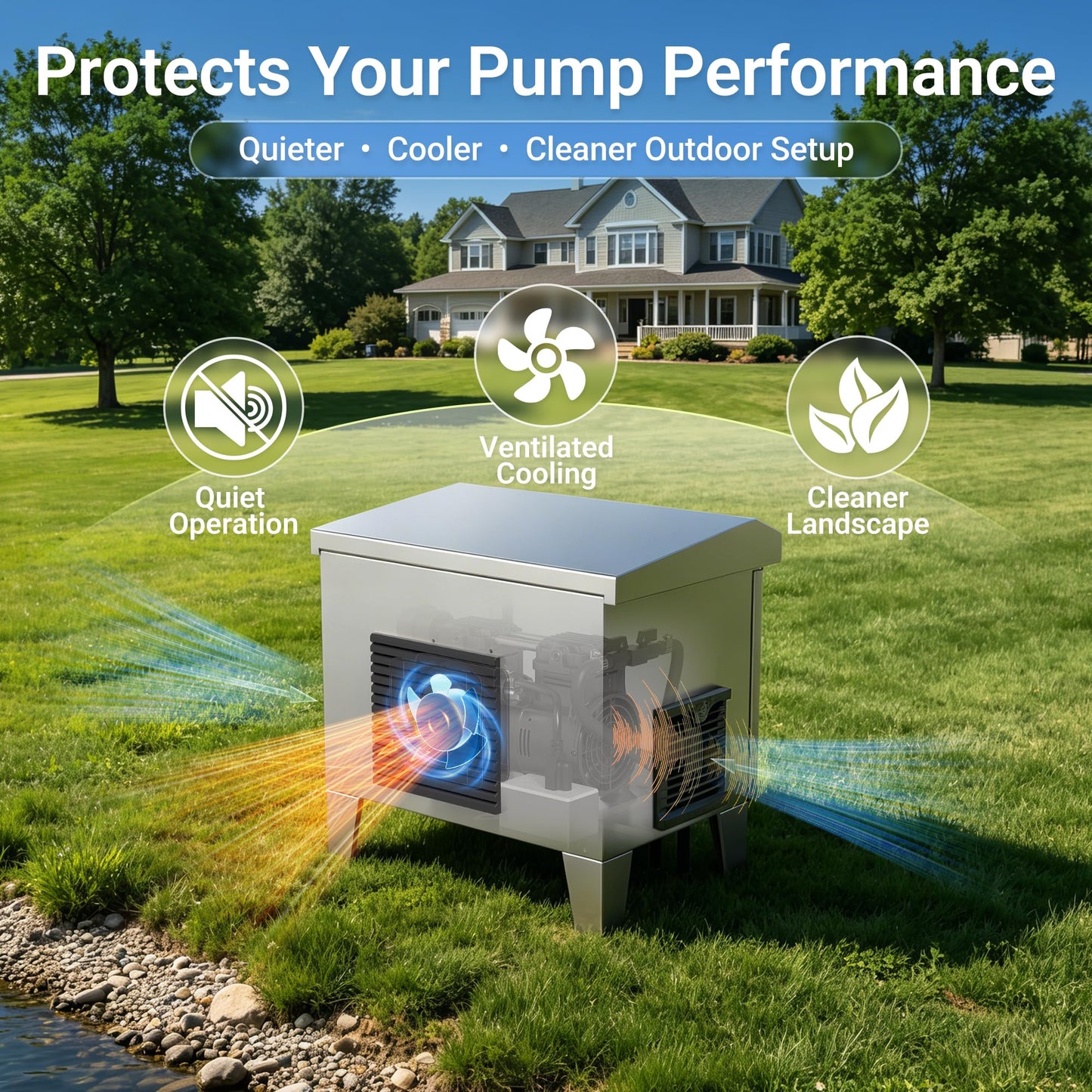 HQUA PRO Stainless Steel Pond Aerator Pump Cover Cabinet, Corrosion-Resistant Outdoor Protection System with Cooling Fan, Pre-Wired Outlet & 10 ft Power Cord, Heavy-Duty Enclosure