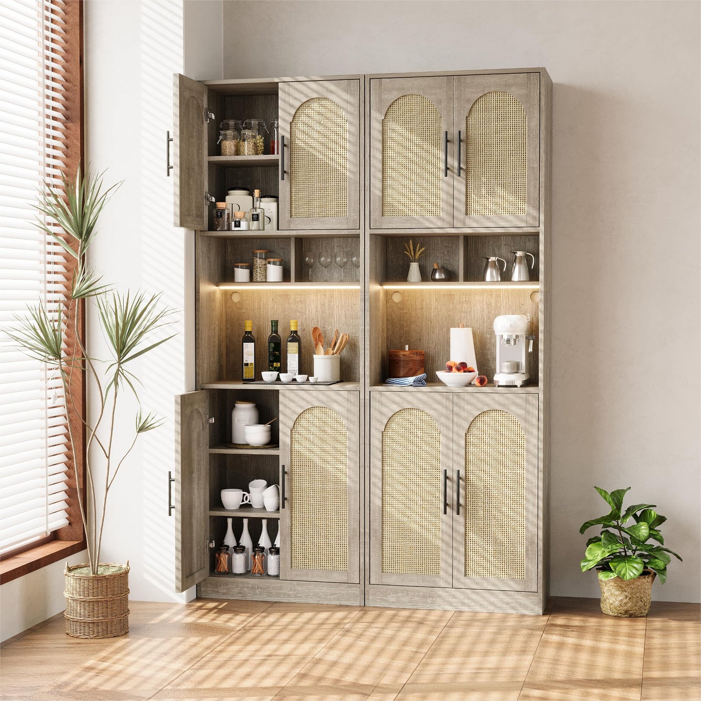 IDEALHOUSE 71" Tall Pantry Cabinet with Countertop & LED Light Strip – Kitchen Storage Cabinet with Microwave Shelf & Adjustable Shelves, Farmhouse Kitchen Hutch for Dining Room, Oak