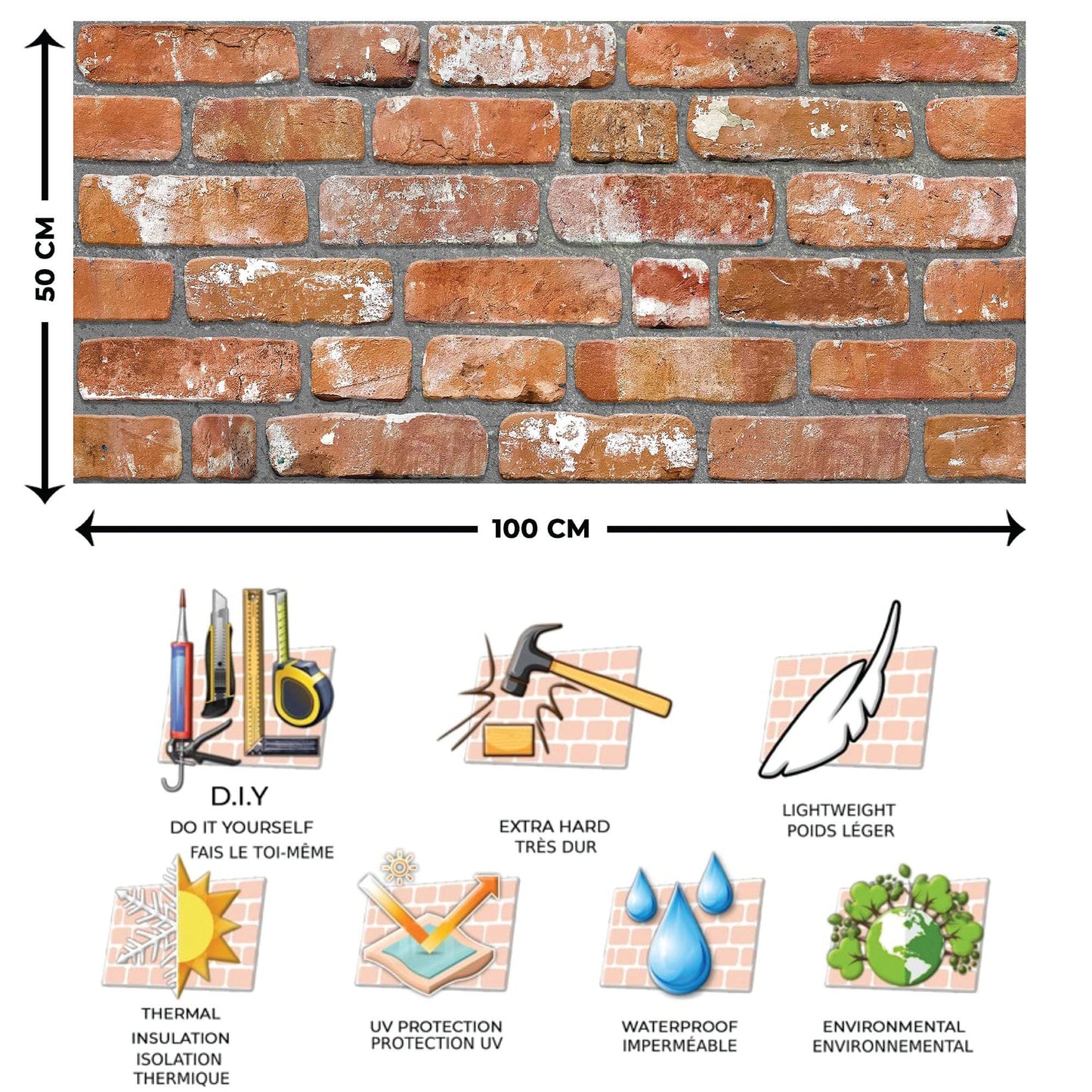 Dundee Deco 3D Wall Panels Faux Brick - Cladding, Red Orange Stone Look Wall Paneling, Styrofoam Facing for Living Room, Kitchen, Bathroom, Balcony, Bedroom, Set of 10, Covers 54 sq ft