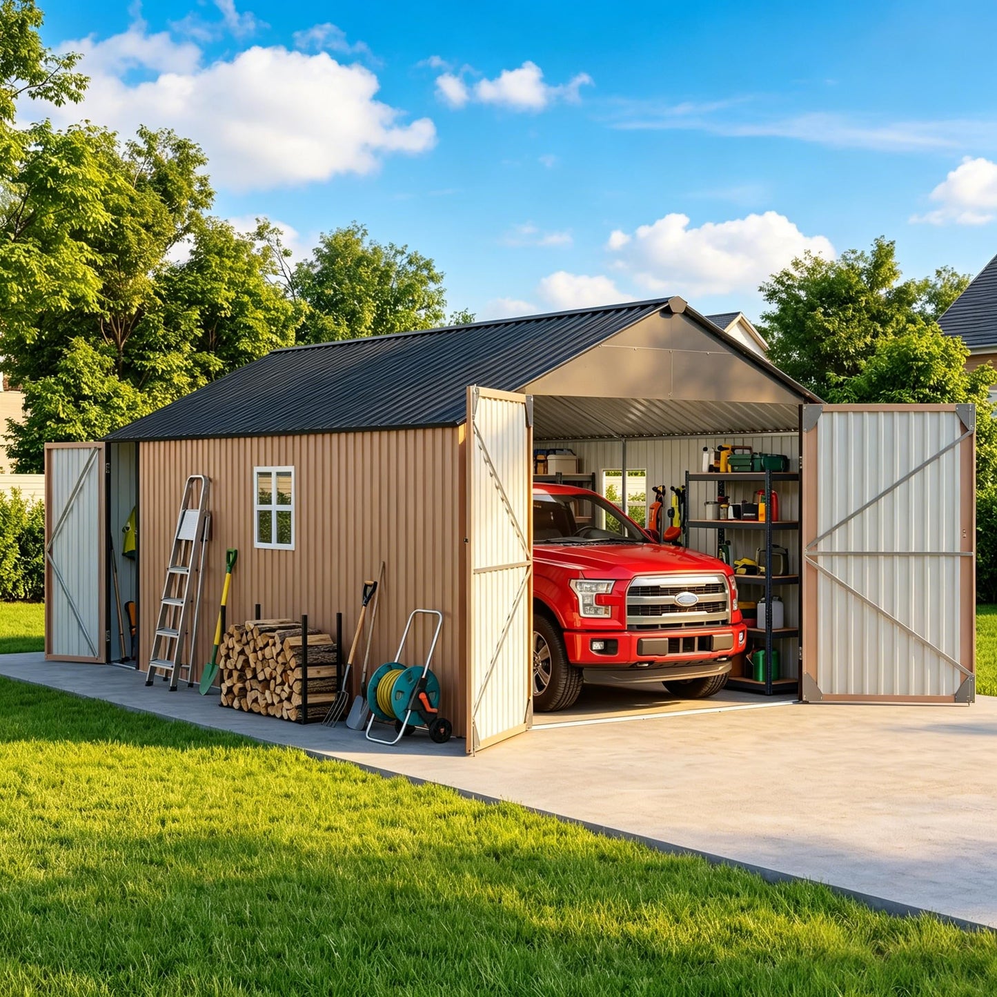 Aoxun 12x20x9.3 FT Metal Storage Shed Outdoor Large Garage Shed Carport with Double Doors,Side Door & Windows, Heavy Duty Garden Tool Shed All-Weather Outdoor Building for Vehicles & Sundries(Brown)