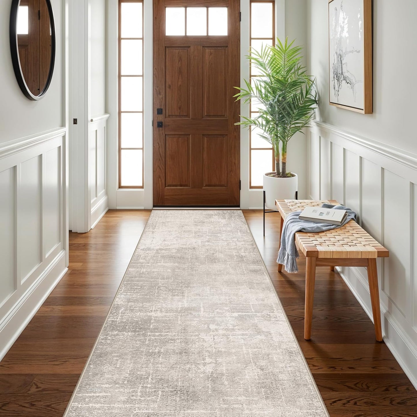 Skiennix Abstract Kitchen Rug Runner - Washable Non-Slip Soft Floor Mat | 3x10 ft Beige/Cream