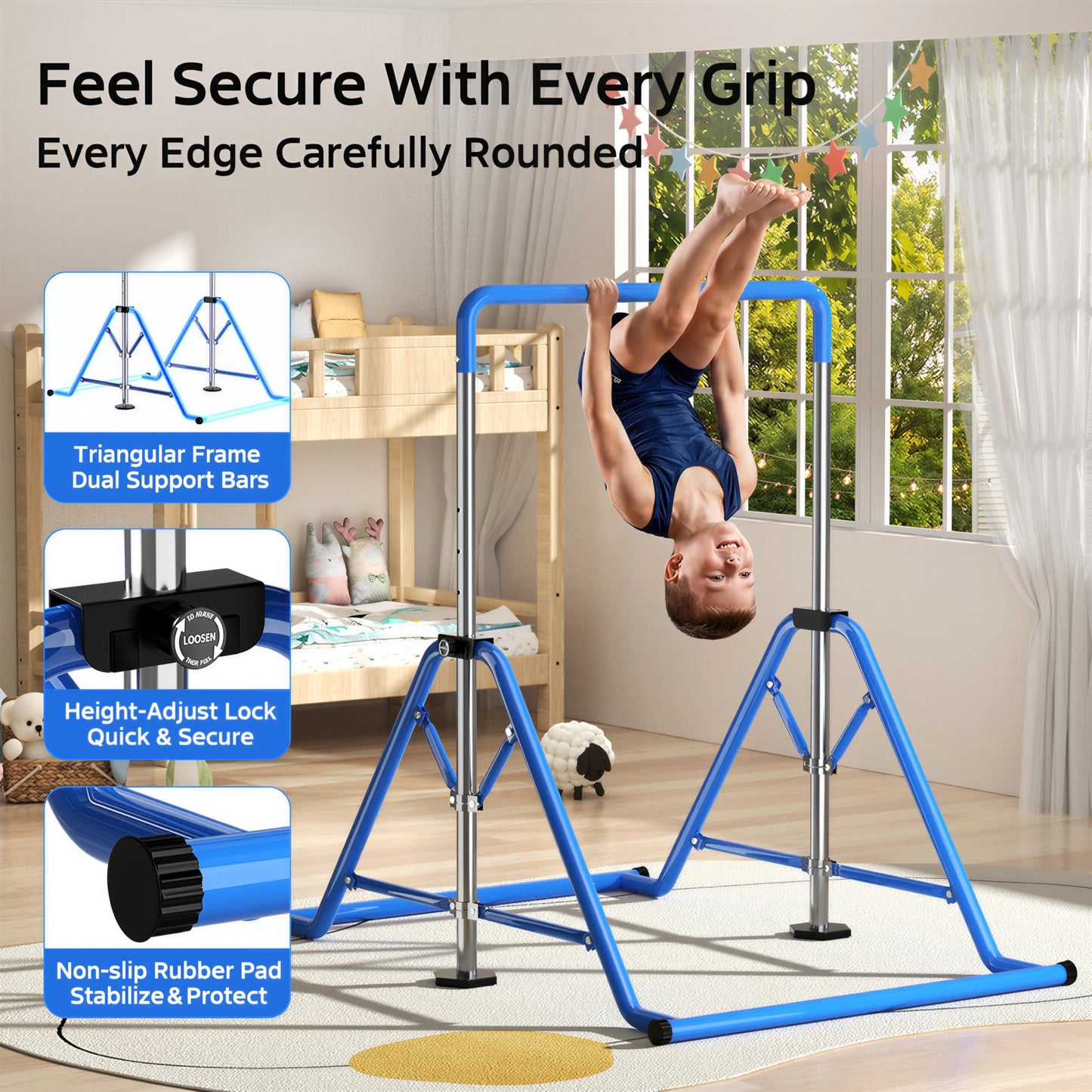 YICHIJIAN Expandable Kids Gymnastics Kip Bar, Folding Adjustable Height 45''-61'', 300LBS Weight Limit, Robust Horizontal Training Bar for Home Indoor Use, Gift for Kids Ages 3-13, Blue
