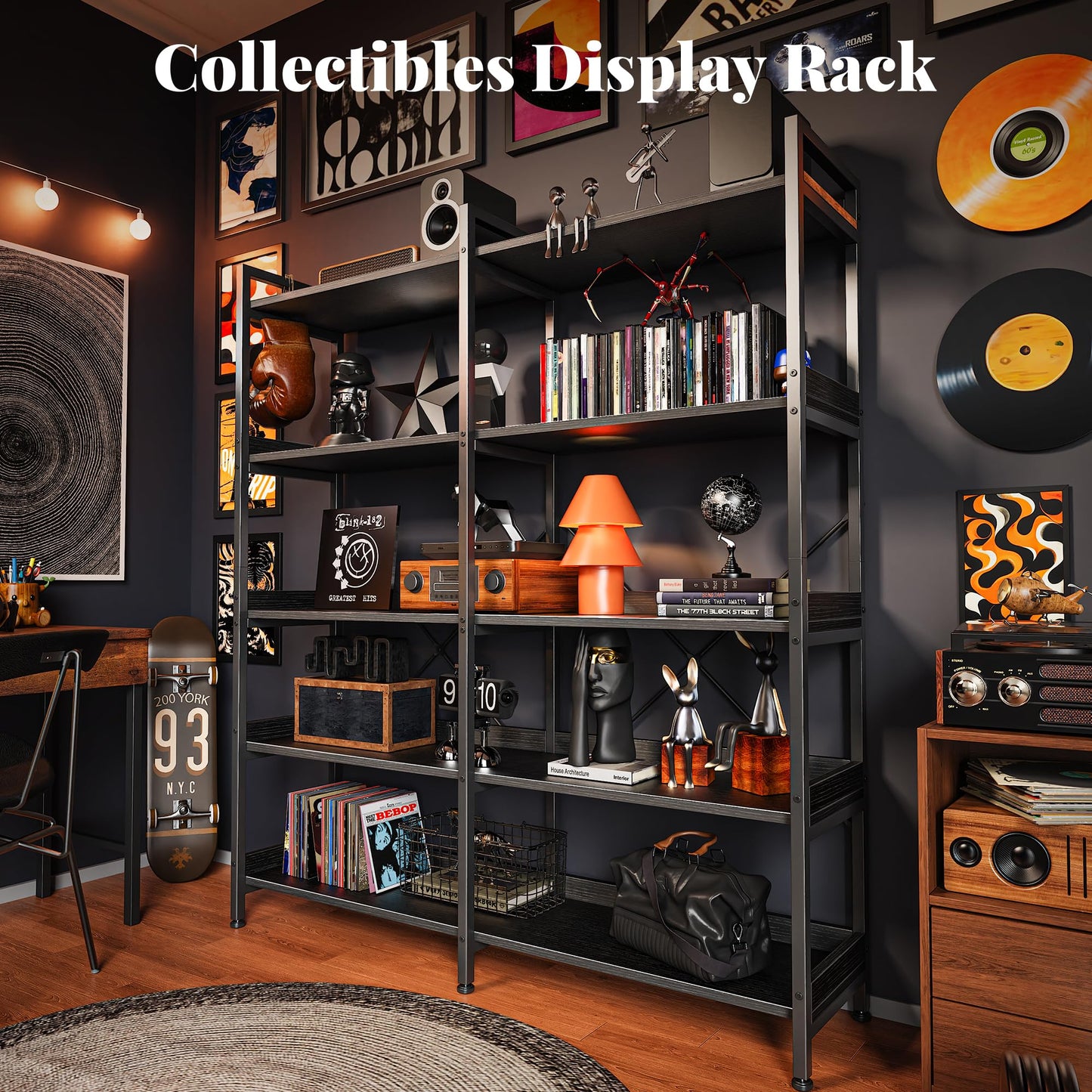 Huuger 5 Tier Bookshelf, Display Bookshelf with 10 Open Shelves and Raised Baffle, 47.2 Inch Straight Wide Bookcase with Metal Frame and Wooden Board, Adjustable Feet, Black