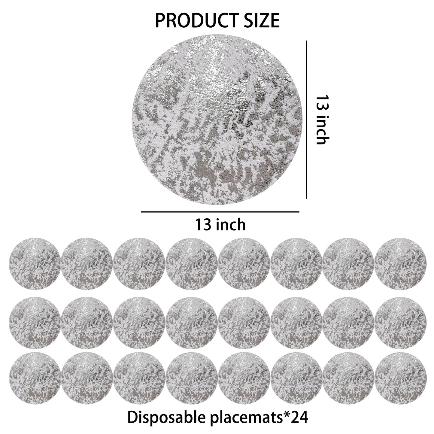 Snowkingdom Silver Disposable Placemats Set of 24 Foil Mesh 13 Inch Round Pressed Table Mates 24 Pack Silver Doilies for Dining Table Wedding Birthday Party Holiday Home Decoration