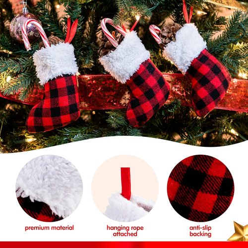 JOYIN 24 PCS Mini Christmas Stockings - Red Black Plaid Holiday Decor for Trees & Parties