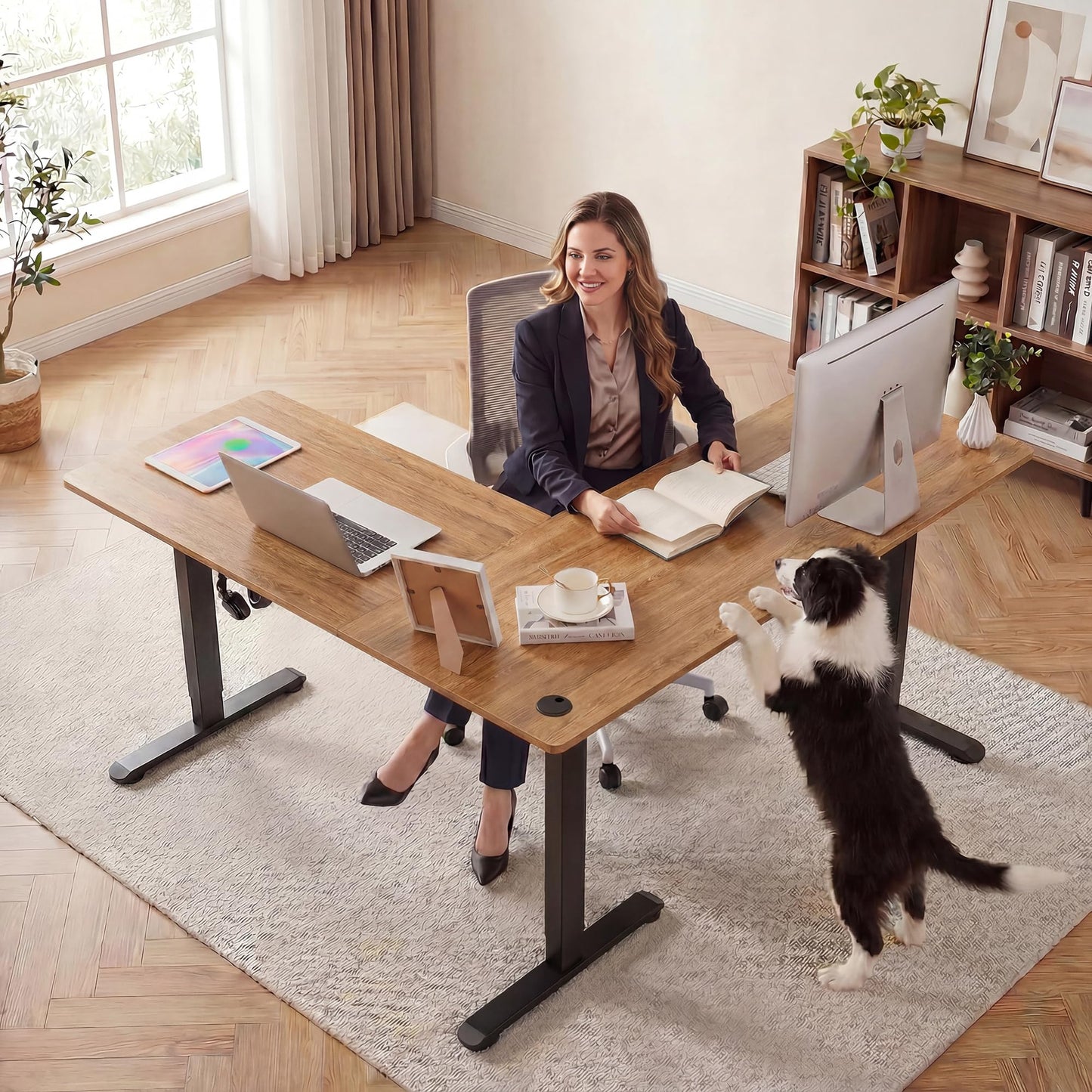 Himimi 63"×55" L Shaped Standing Desk, Height Adjustable Corner Stand Up Desk with Mouse Pad, Sit Stand Corner Desk with Memory Controller for Home Office (Brown)