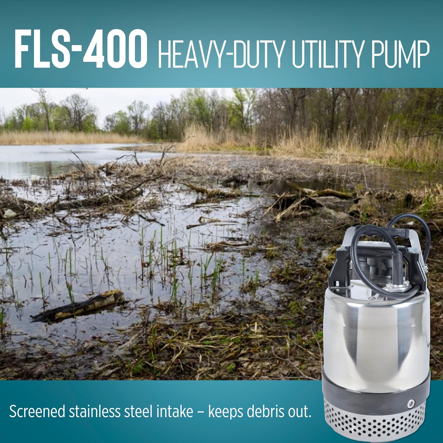 Little Giant FLS-400, 115-Volt, 3600 GPH, 1/2 HP Heavy-Duty Manual Stainless Steel Submersible Utility Pump with 20-Ft. Cord, Steel, 620240