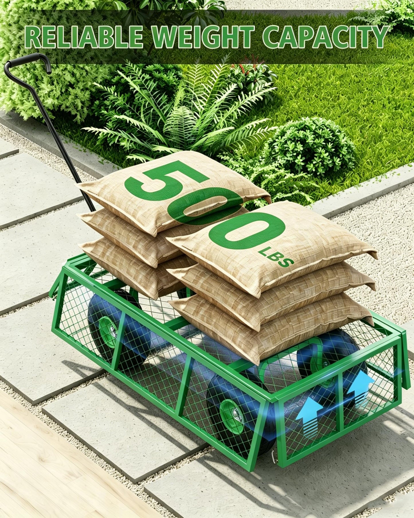 Garvee Steel Garden Cart, 500 LBS Capacity Utility Outdoor Wagon, Heavy Duty Mesh Garden Metal Wagon with Removable Sides, Flexible Handle for Yard, Lawn, Garden