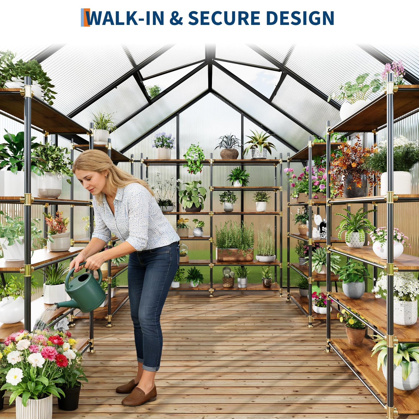 6x8FT Greenhouse for Outdoors, Walk-in Polycarbonate Greenhouse with Sliding Door, Adjustable Roof Vent & Gutter System, Portable Outdoor Green House Kit for Winter Gardening