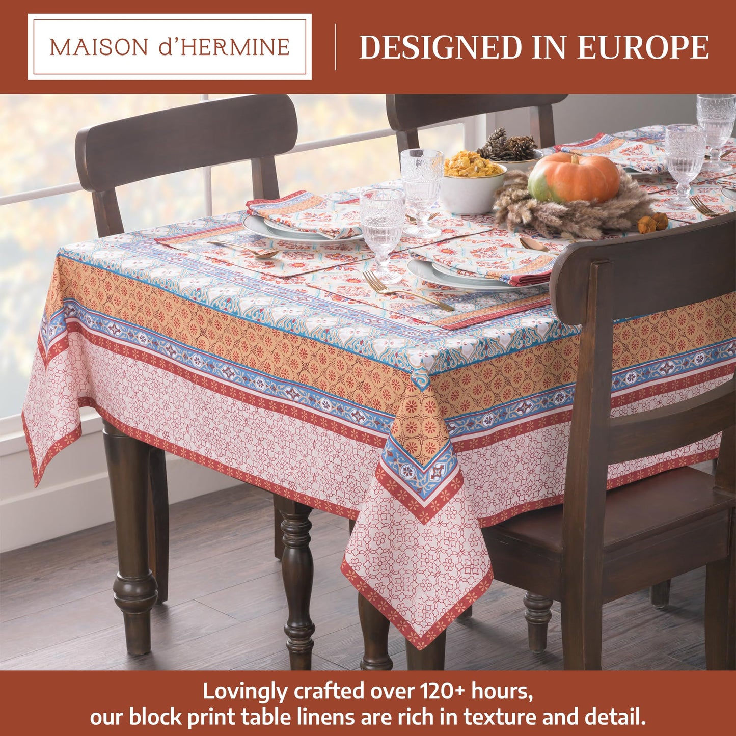 Maison d' Hermine Table Cloth Rectangle Table 100% Cotton 70 x 90 Inches Fall Tablecloth Reusable Everyday Use for Thanksgiving Christmas Decorations Dining Farmhouse Party (Romane)