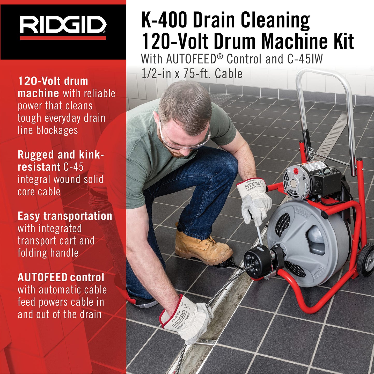 Ridgid 27013 K-400AF 115Volt C45IW Drum Machine with C45 Integral Wound Cable with Autofeed