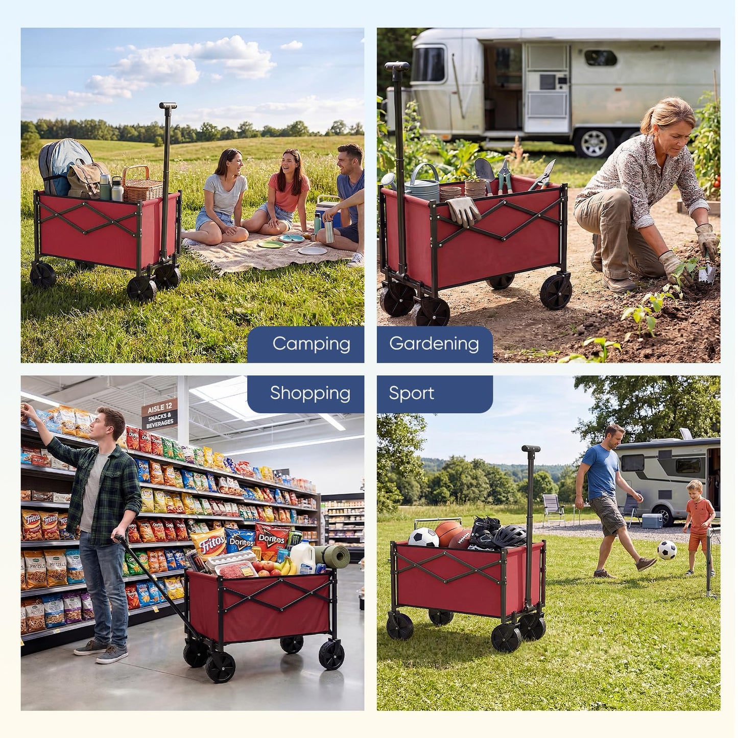DUMOS Collapsible Wagon with Wheels, 220LBS Wagons Carts Foldable Small Wagon Cart with Flexible Handle, Lightweight Portable Folding Utility Grocery Shopping Cart for Sports Garden Camping, Red