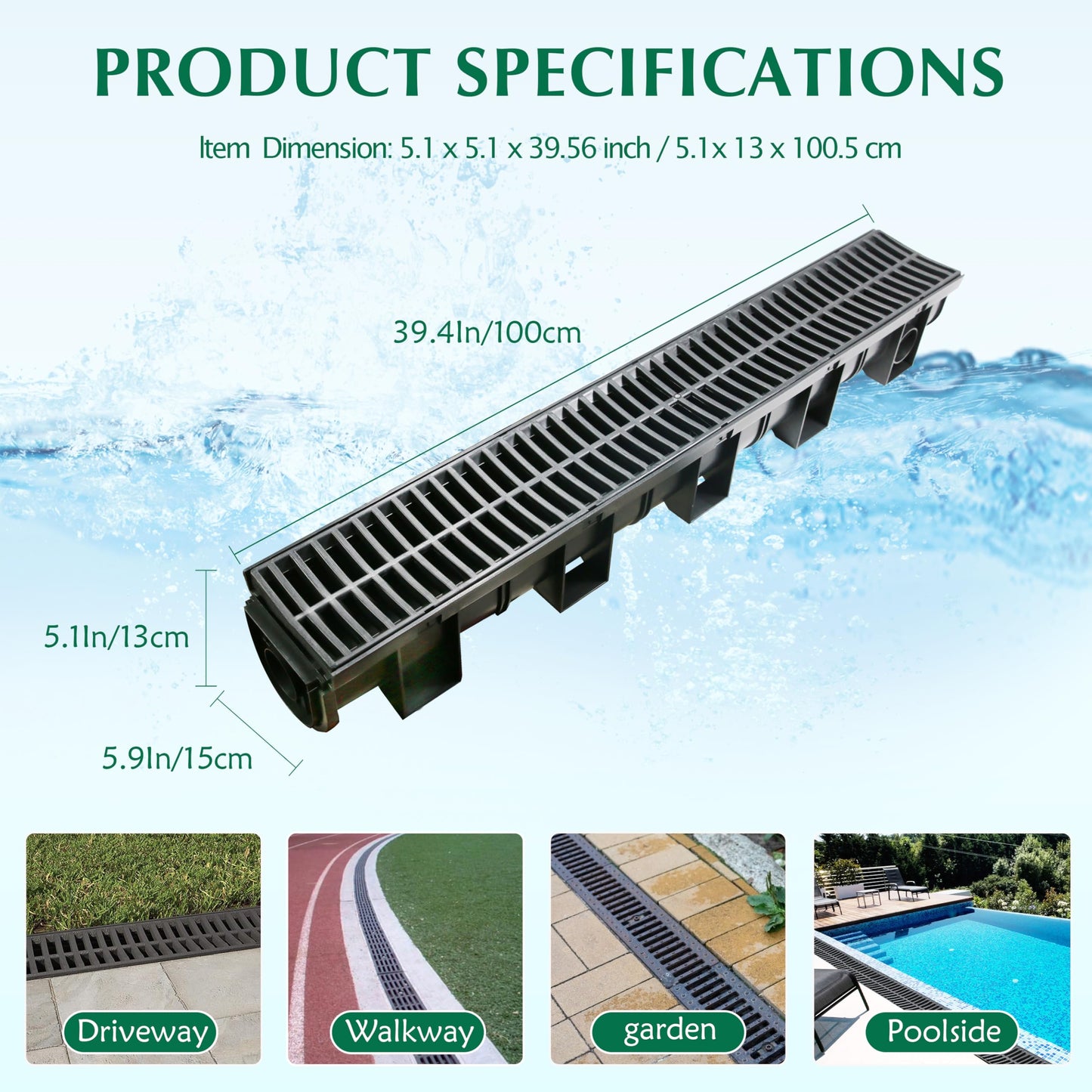 Goldshire Trench Drain System with Plastic Grate, 6 Packs HDPE Channel Drainage, 39.4" x 5.9" x 5.1" Garden Drain, Total Length 236.4 Inch for Driveway Yard Pool Sidewalk Patio (6, 5.9 x 5.1 Inch)