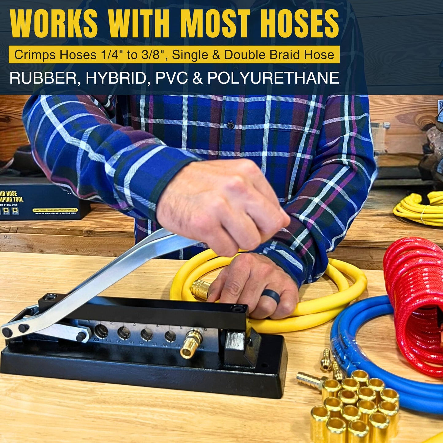 Pure Ponta Heavy Duty Ferrule Crimping Tool Air Hose Repair Kit for 3/8, 5/16, 1/4 inch ID Hoses, Crimper w/ 5 Hardened Steel Dies & 15 Ferrules Fittings, Torch & Compressor Crimpers