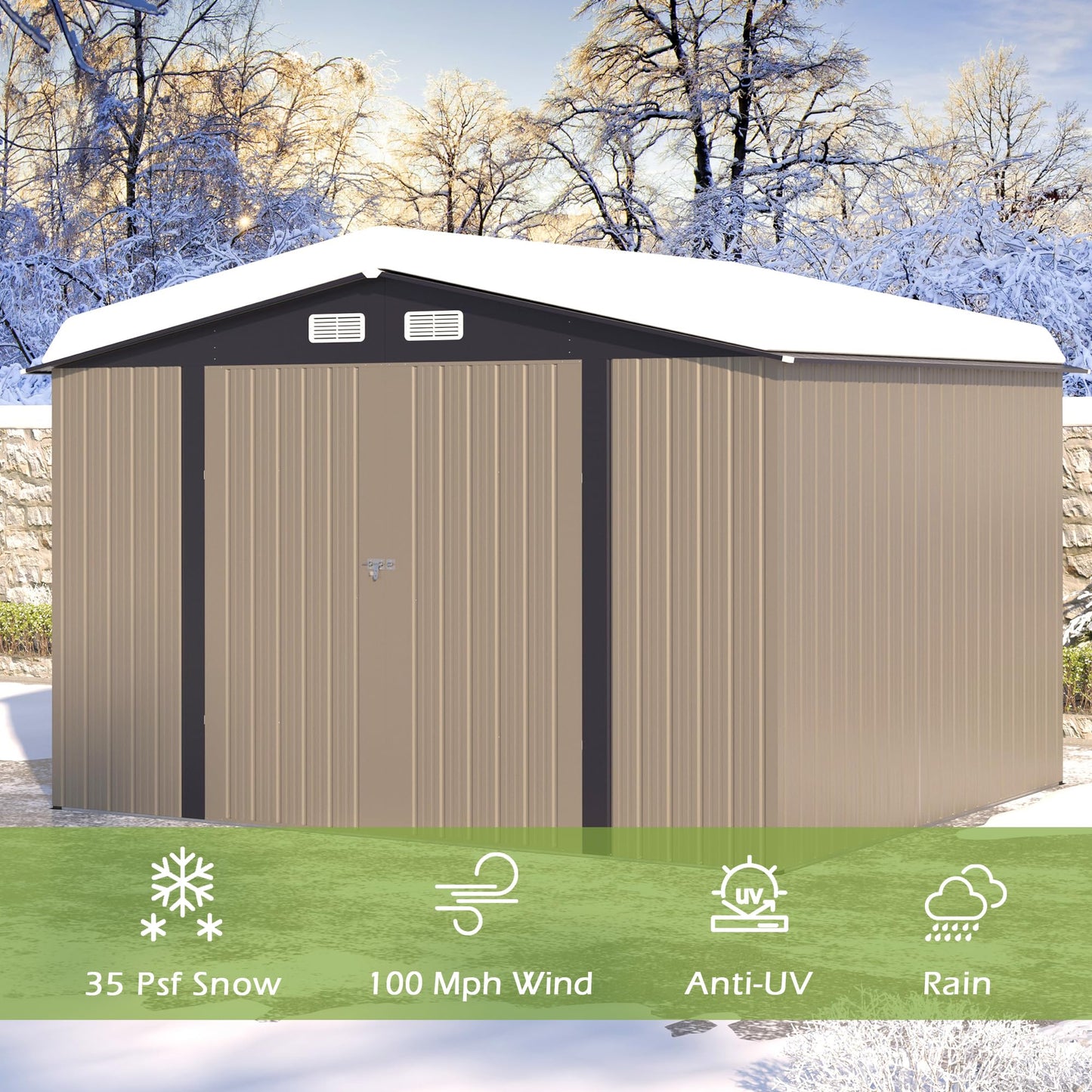 Quinora 8×10 FT Metal Shed Outdoor with Peaked Roof, Weather Resistant Outdoor Storage Shed with Lockable Double Doors for Backyard, Patio Lawn, Garden
