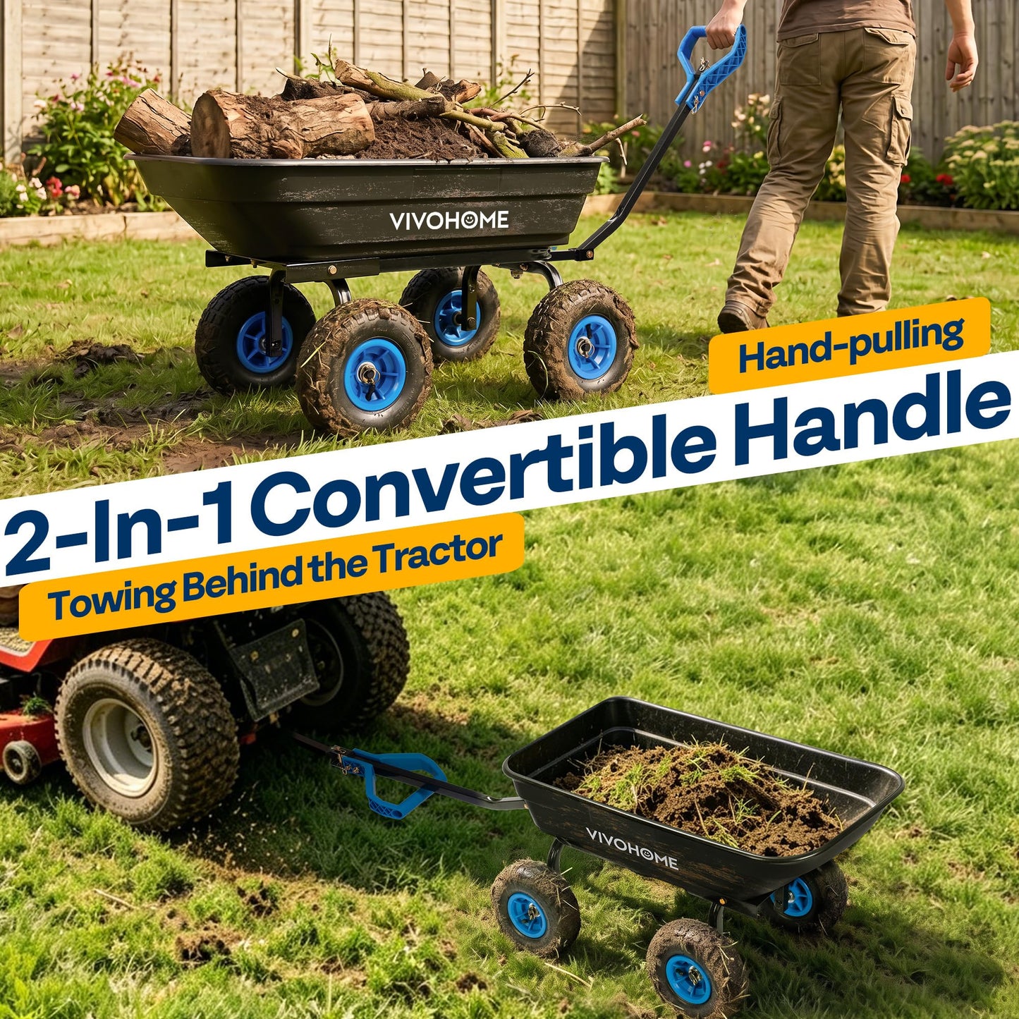 VIVOHOME 4 Cu.Ft 660lbs Wheelbarrow Garden Cart Dump Wagon with 2-in-1 Convertible Handle Attach to ATV or Tractor, 10" All Terrain Wheels, Quick Release Heavy Duty Utility Trailer for Yard-Blue