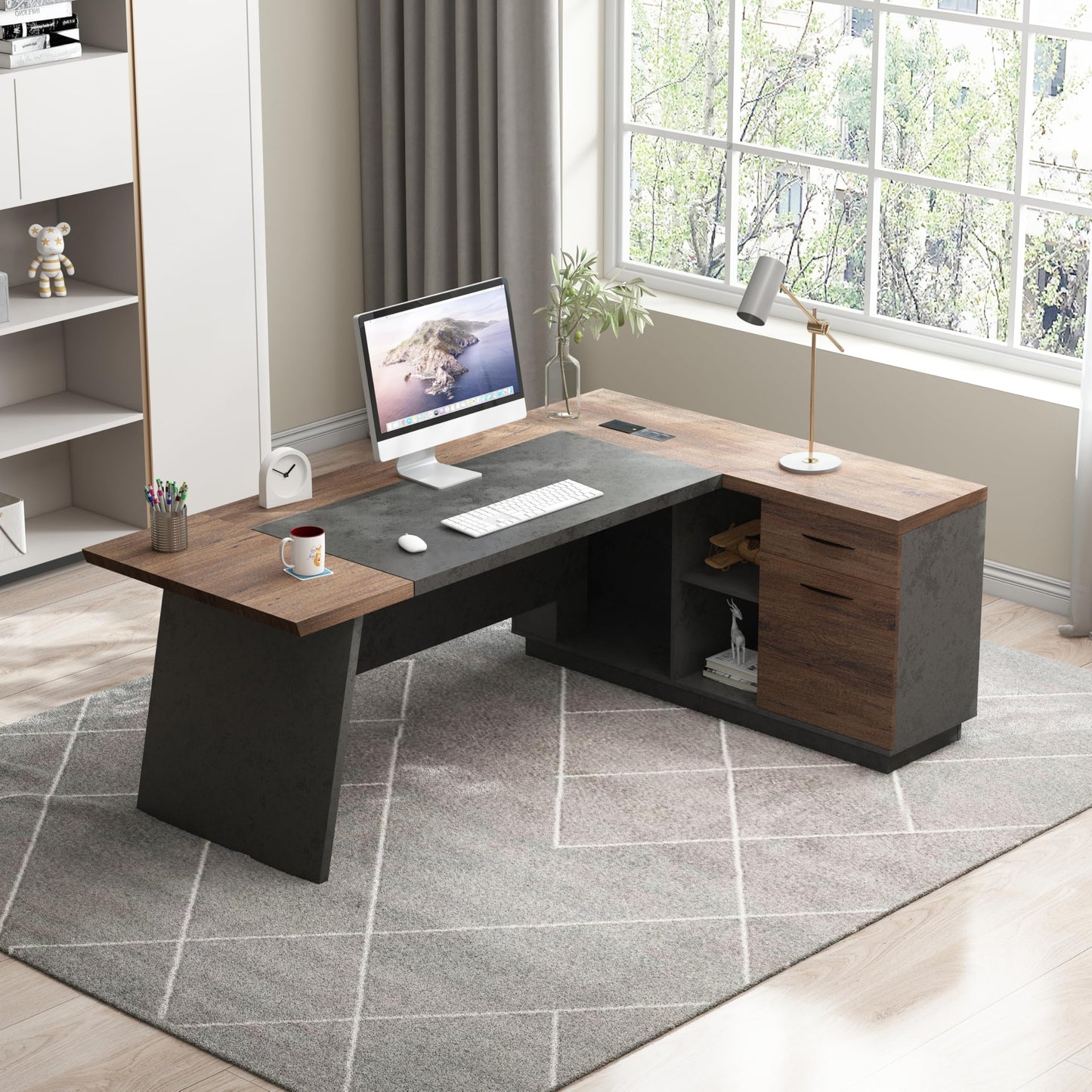 SAINTCY L-Shaped Executive Desk, 78.74 Inches Large Office Desk, Modern Computer Desk Set with Drawers & Storage Shelves, Business Workstation for Home Office, Brown, Right Return