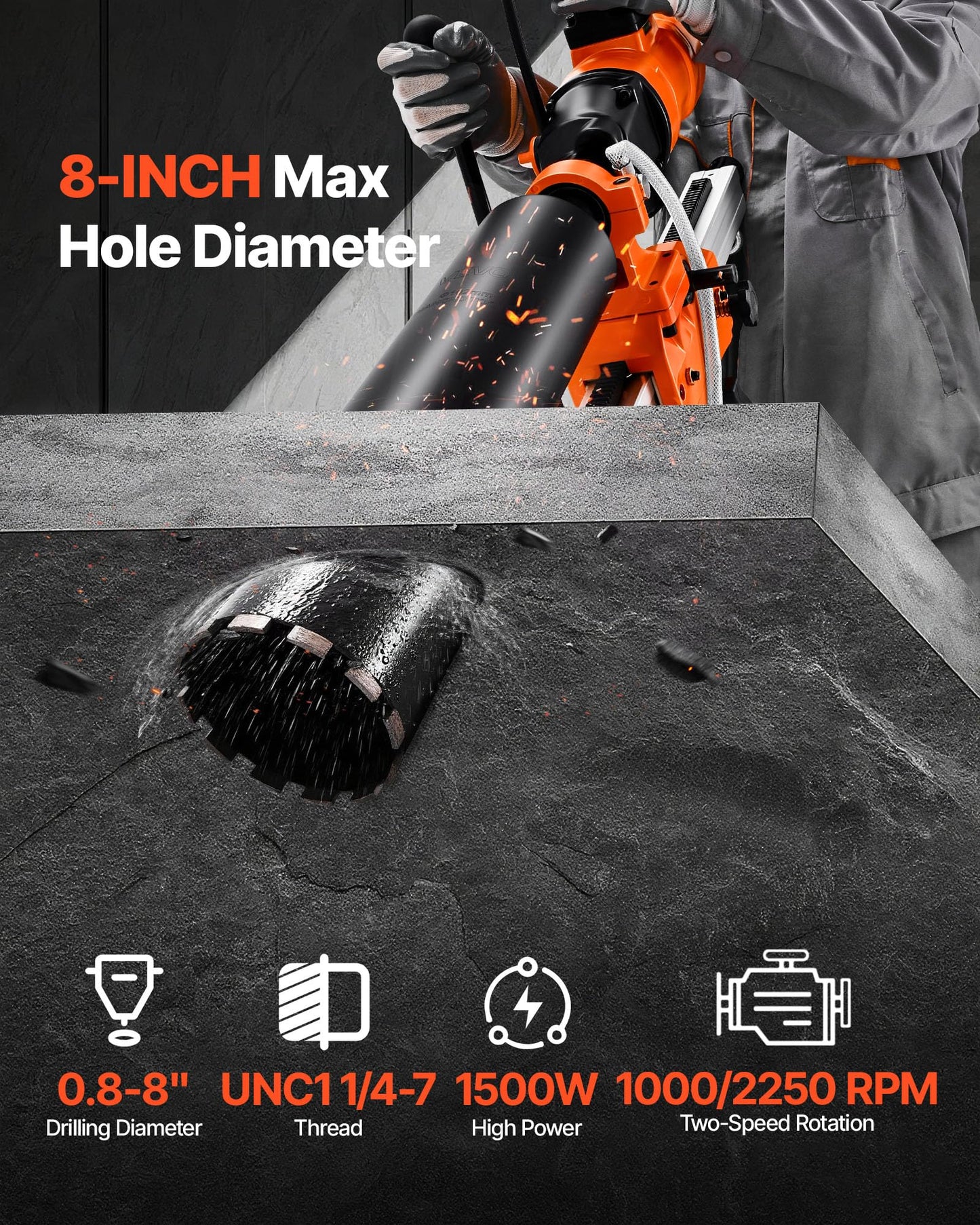 VEVOR Diamond Core Drilling Machine, 8 in Drilling Diameter, 2-in-1 Handheld & Stand-Mount Dry and Wet Concrete Core Drill Rig with 4 Drill Bits, 1075/2300 RPM 2-Speed, for Concrete Brick Stone, 1800W