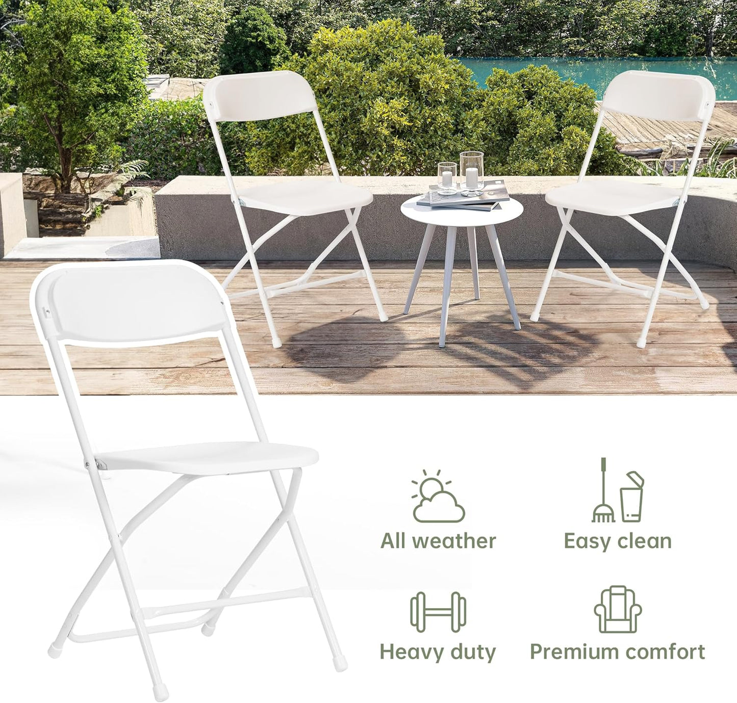 Skiennix Heavy-Duty Plastic Folding Chairs - 10 Pack, 350 LB Capacity, Portable for Indoor/Outdoor Events | White