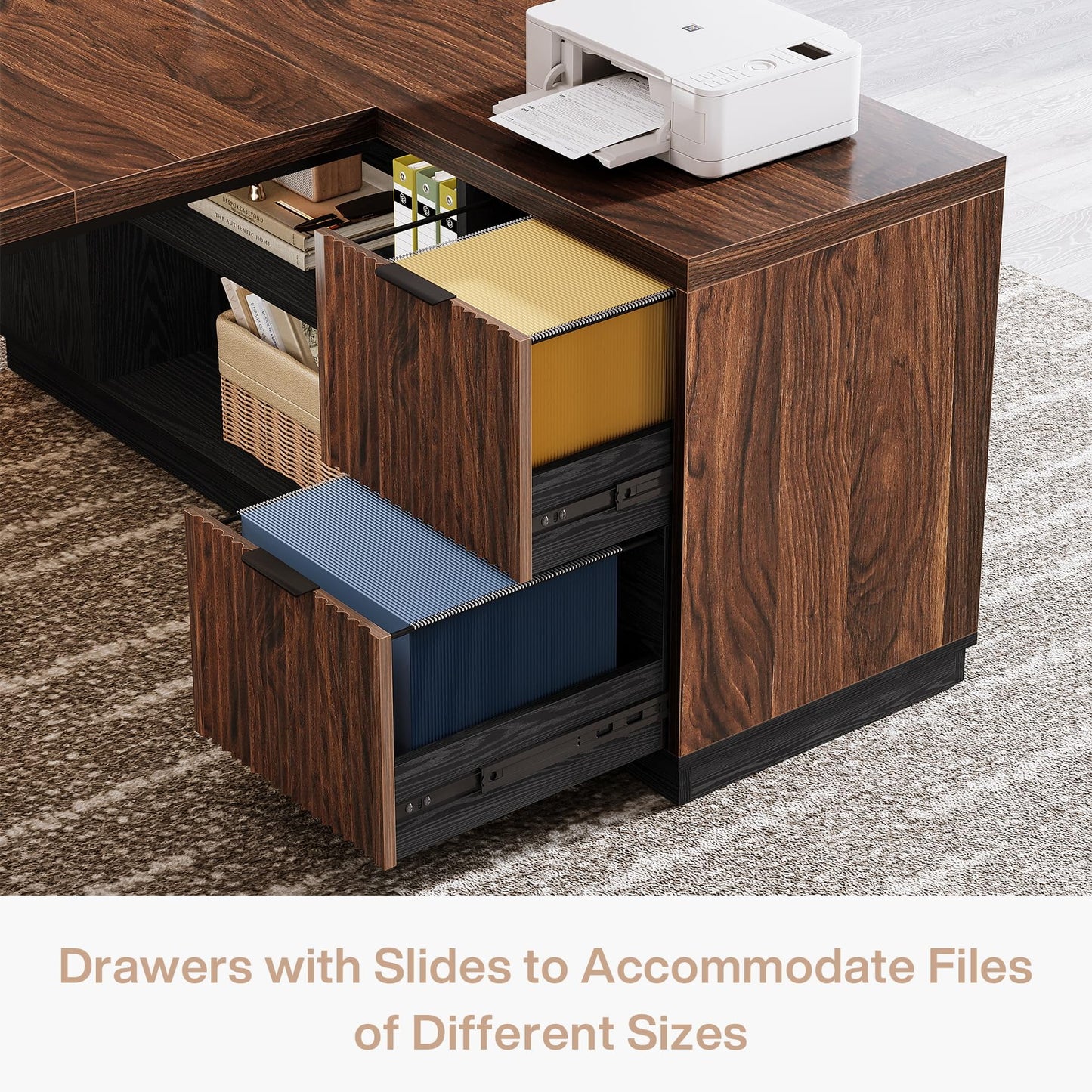 Tribesigns 78" L Shaped Executive Desk, Large Office Desk with Drawers and Storage Shelves, Modern Corner Computer Table Business Furniture for Home Office (Walnut & Brown)