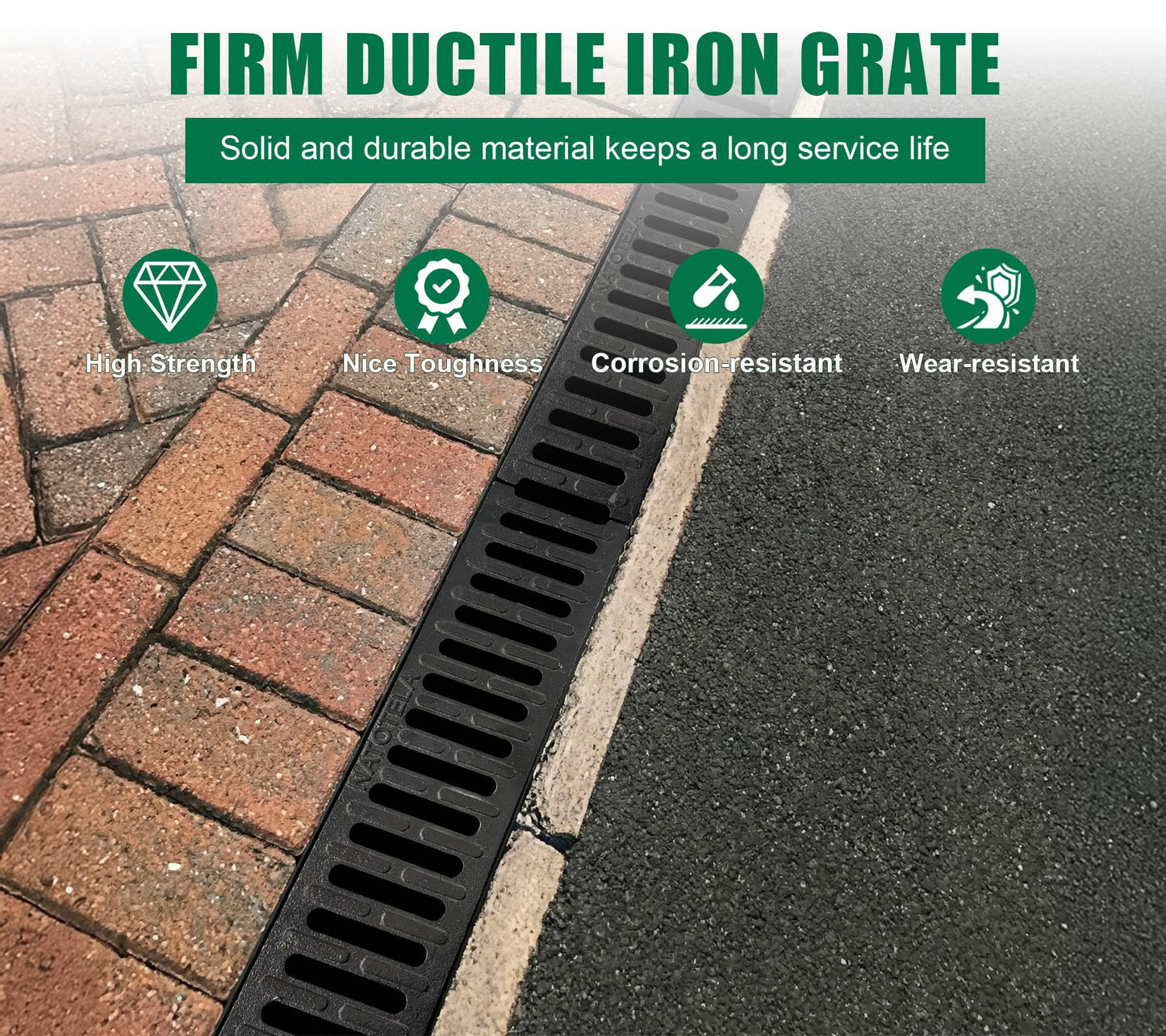 Natotela B Class Driveway Channel Drain with Ductile Iron Grate-19.7Lx5.5Wx3.9H in. Trench Drain System,12 Pack Total Length 236.22in,Heavy Duty Trench Drainage for Garage,Parking Lot,Concrete