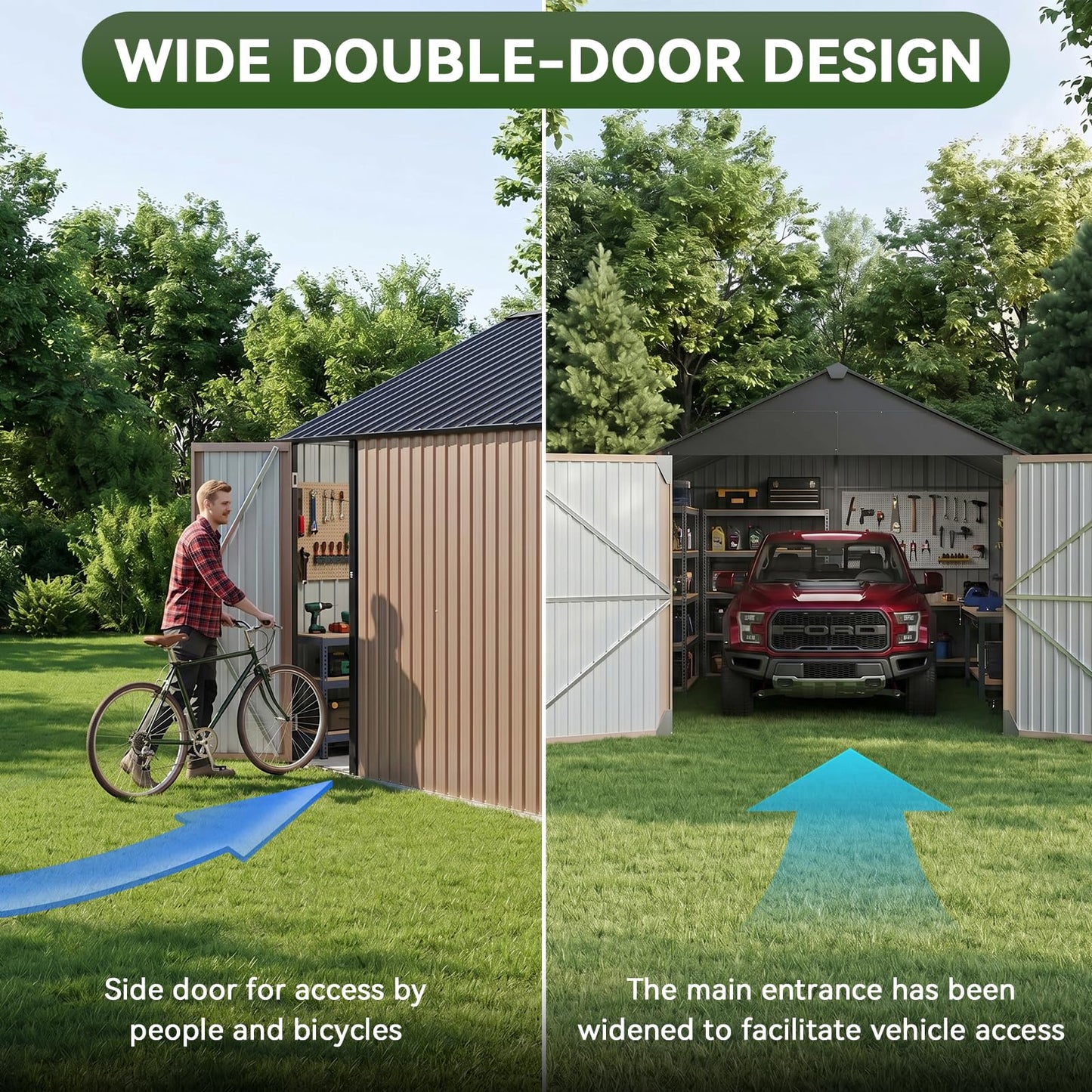 Aoxun 12x20x9.3 FT Metal Storage Shed Outdoor Large Garage Shed Carport with Double Doors,Side Door & Windows, Heavy Duty Garden Tool Shed All-Weather Outdoor Building for Vehicles & Sundries(Brown)