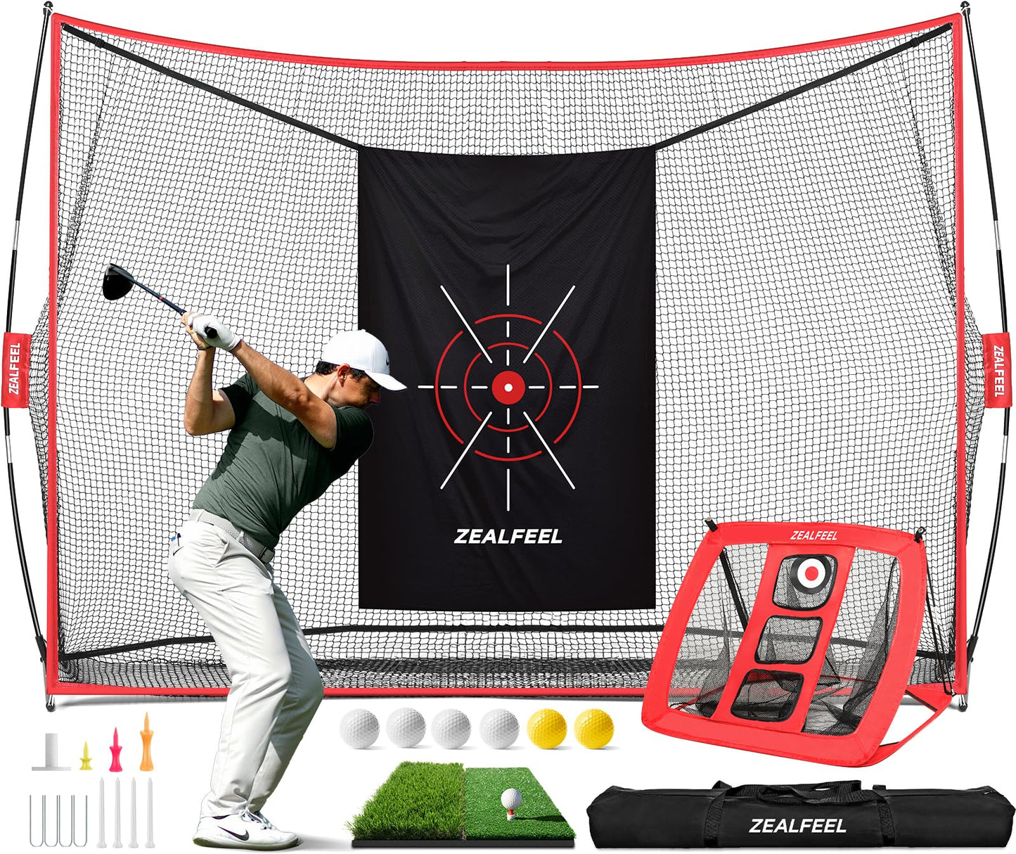 ZEALFEEL Golf Net, 10x7ft Practice Net with Chipping Net, Foldable Mat, Silk Target, 8 Tees, 6 Balls, Carry Bag, Golf Hiting Nets for Backyard Driving Chipping Indoor Outdoor Use