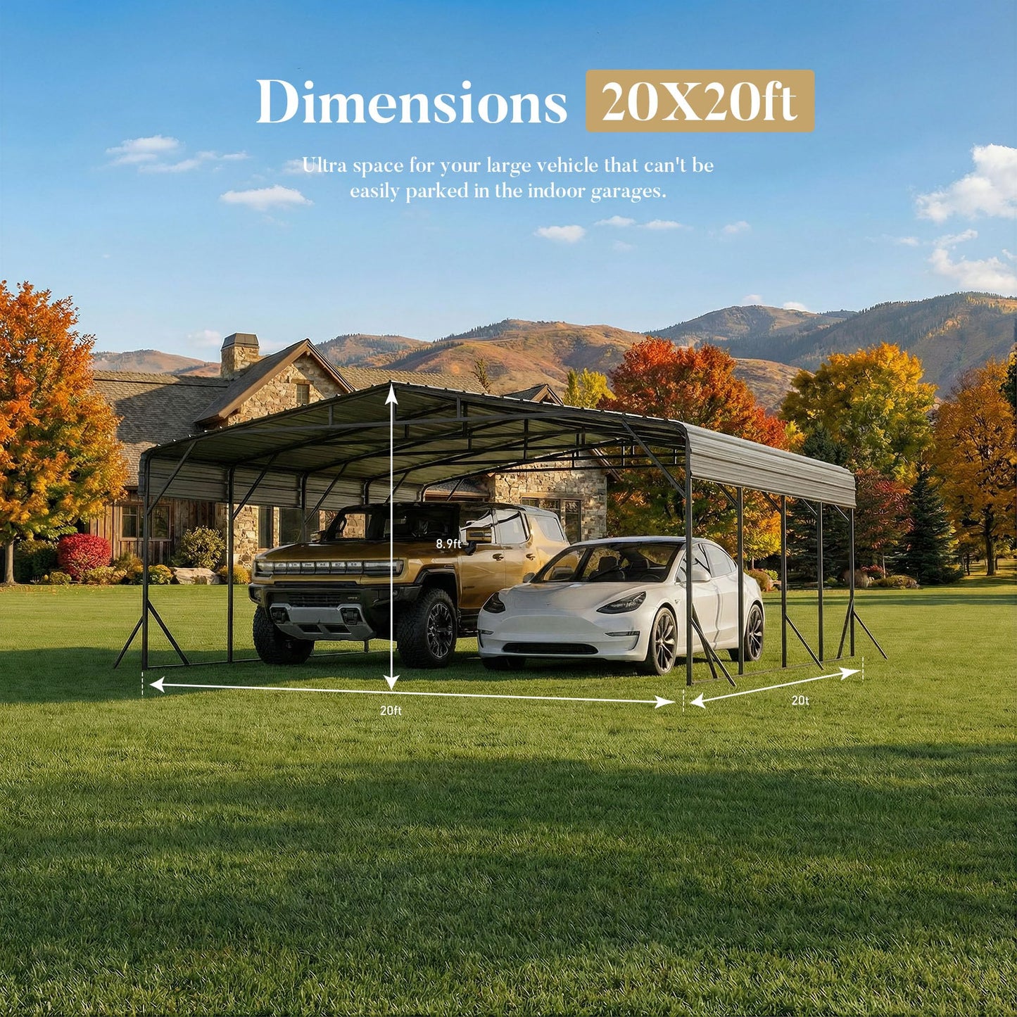 HOMPUS 20x20 FT Heavy Duty Metal Carport Kit, Waterproof Windproof Aluminum Car Ports with Steel Shelter Frame Cover for 2 Car or Boats, Easy Assembly Tractor/Car Storage