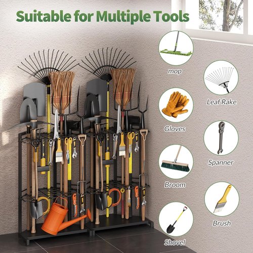 Garden Tool Organizer - Heavy Duty Metal Rack with 34 Compartments & 14 Hooks for Efficient Storage