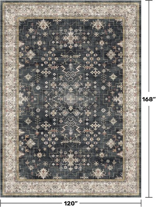 Boho Black Rug - Washable 10x14 Area Rug, Soft Low Pile Carpet for Living Room & Dining Room | Non-Slip, Stain Resistant