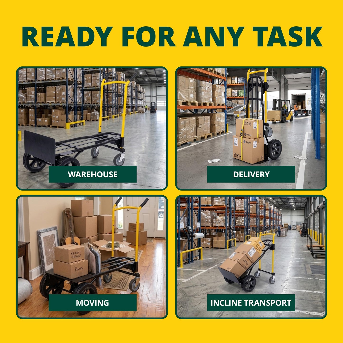 Harper Trucks JDCSC0335PC Kwik Shift 5-in-1 Convertible Hand Truck, 1000 lb Capacity Steel Dolly & Cart with Push-Button Quick Change, Folding Base Plate for Warehouses & Delivery Routes