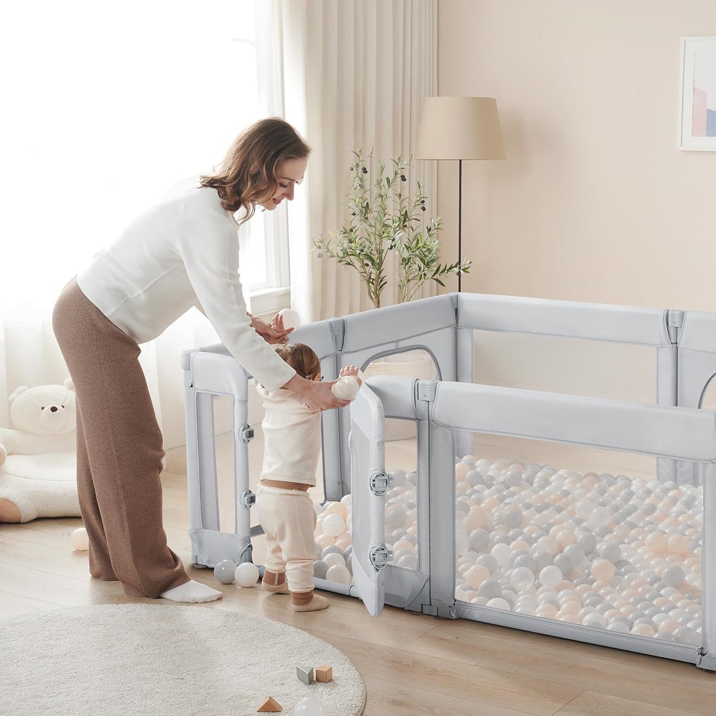 Sweeby Foldable Baby Playpen - Large 71x59 Play Yard with Gate for Indoor & Outdoor Use - Light Grey