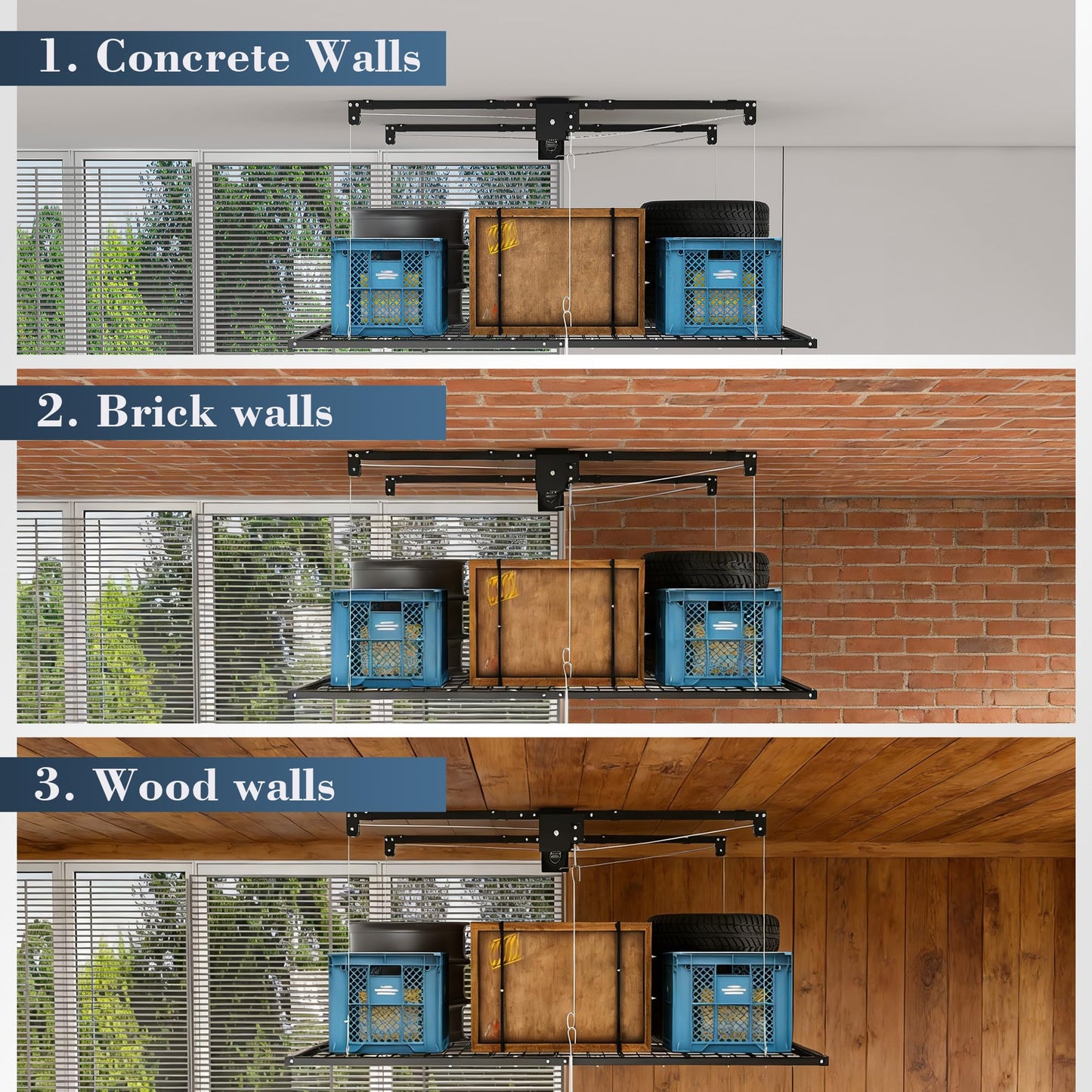 Runboll 4 x 8 Overhead Garage Storage Rack, Ceiling Racks for Garage, Organization Shelving, Adjustable Hanging Shelf, Grey, 19"-143" Height Adjustment