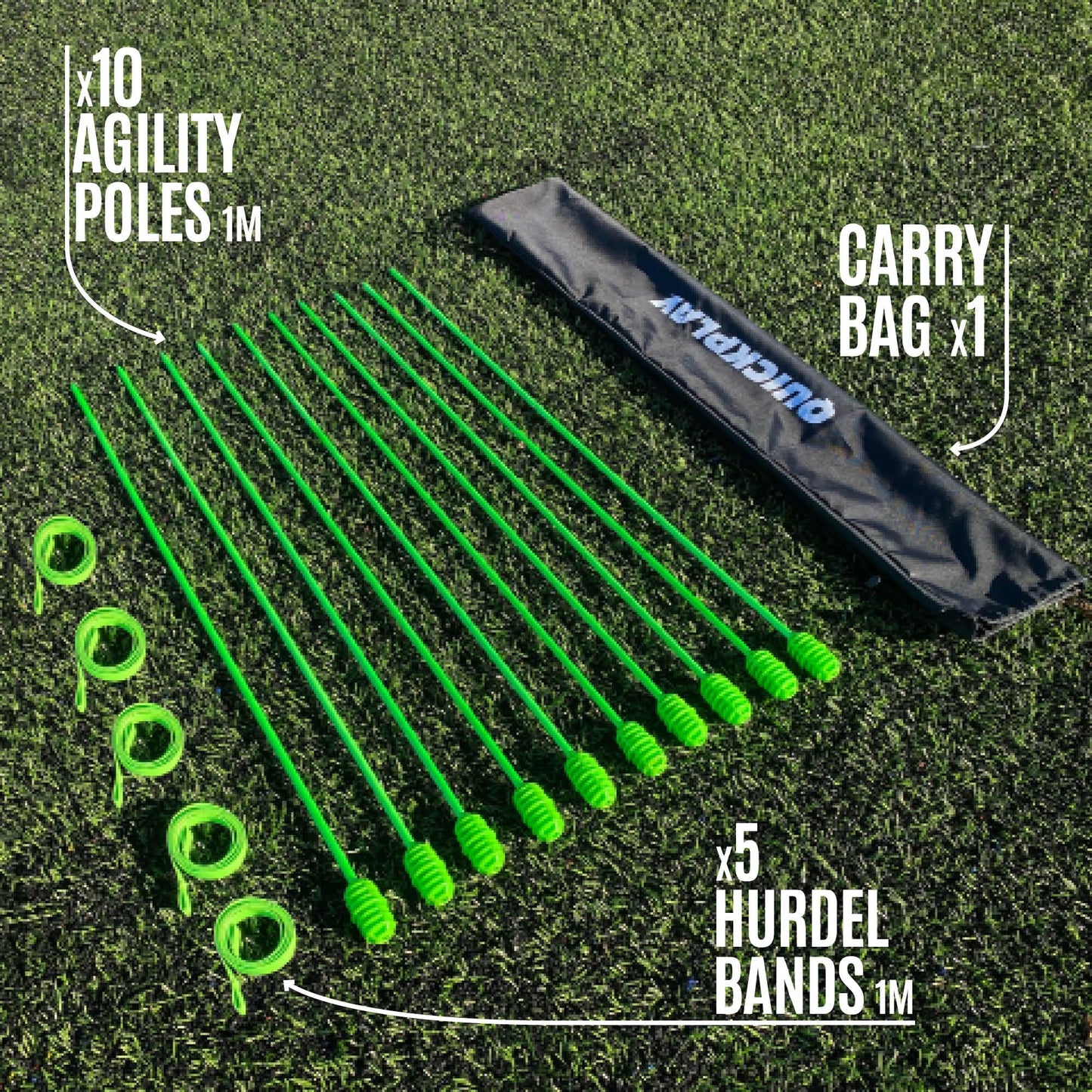 QUICKPLAY PRO Agility Poles Adjustable Height: use as (x10) 3FT Soccer Agility Training Poles OR (x5) 6FT Slalom Poles (Agility Poles x10 - for Grass)