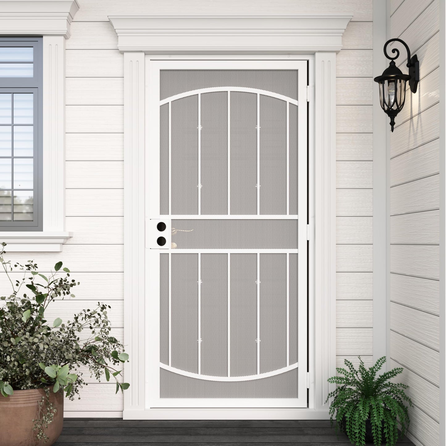 JUBEST 36" x 80" Steel Security Door, Universal/Reversible Outswing Security Screen Door, White Powder-Coated Surface Mount Frame with Expanded Metal Screen, Rust-Resistant, No Handles Included